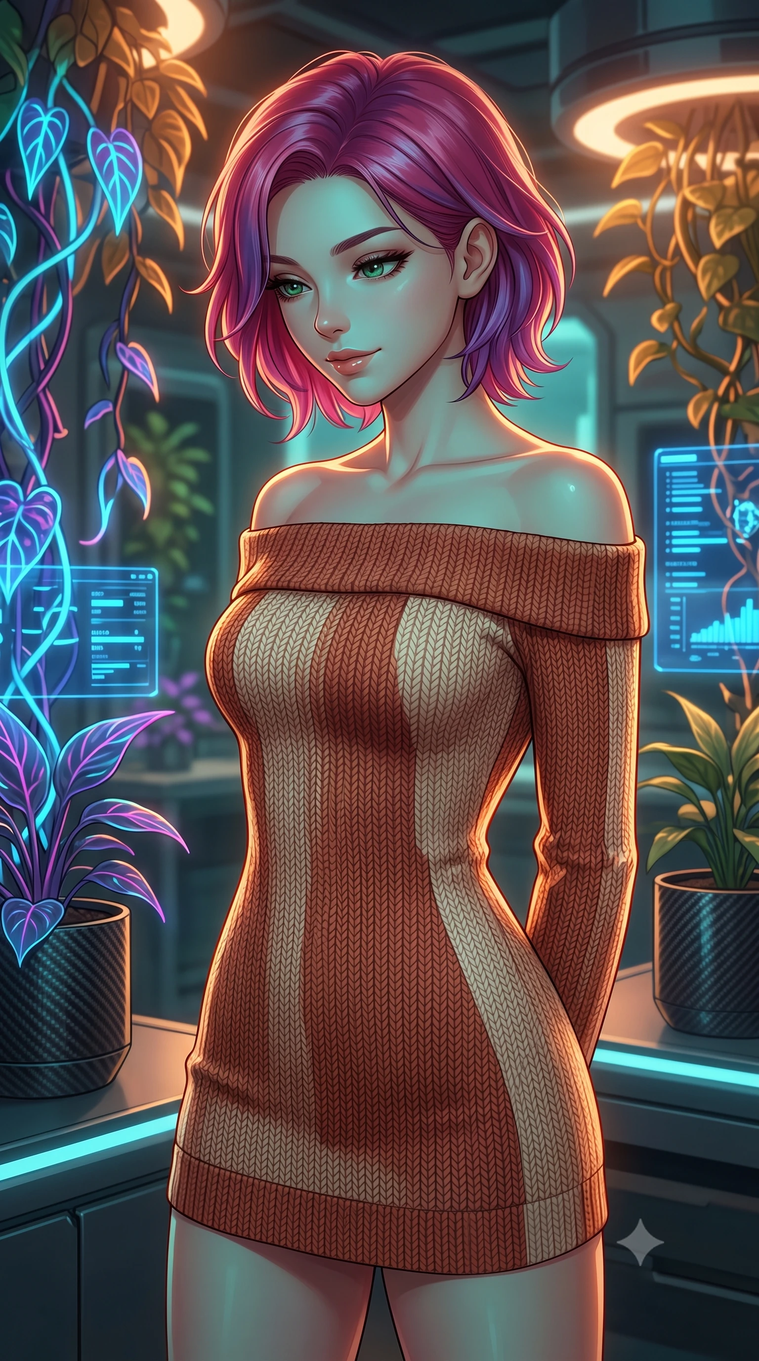 score_9, masterpiece, best quality, ultra-detailed, high-budget anime keyframe, editorial fashion photography, tasteful artistic composition, Caucasian woman, strictly human ears. close-up cowboy shot from the waist and thighs up, the character dominates the composition, filling the frame with her large presence, background elements kept in soft focus. Looking down with a gentle, thoughtful smile full of quiet warmth. set against a soft-focus background of inside a high-tech botanical research laboratory with carbon-fiber pots, neon-vined plants, and blue status displays mapping their growth. She has an exceptionally elegant, slender, and willowy female figure with a highly-defined ultra-slim waist, a gracefully sculpted slender torso, and a refined slim-fit silhouette that contours her form. sharp v-shaped jawline, high-bridge nose, intricate jewel-like eyes with depth, thick eyelashes, glossy lips with a natural sheen. wearing an off-shoulder fitted sweater dress in a two-tone weave of terracotta and cream wool, conforming to her slender willowy silhouette. warm amber rim lighting combined with cool teal fill light creating dramatic contrast. 2k, ultra detail, master piece, 9:16 ratio