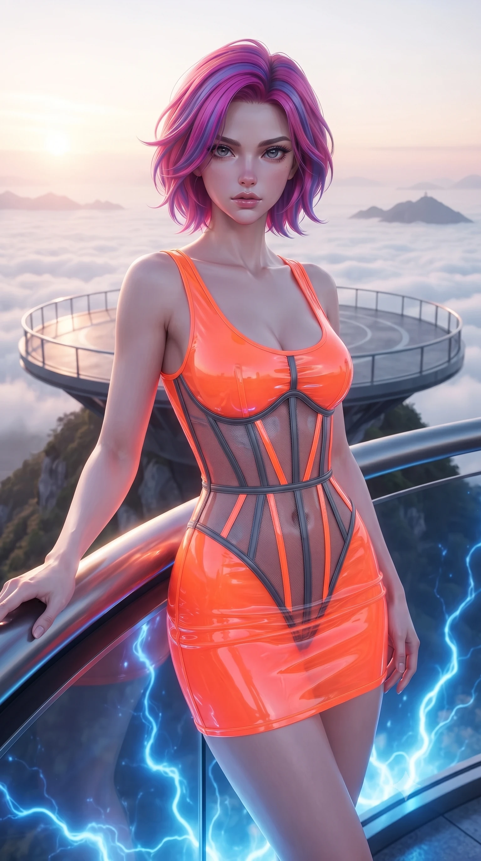 score_9, masterpiece, best quality, ultra-detailed, high-budget anime keyframe, editorial fashion photography, tasteful artistic composition, Caucasian woman, strictly human ears. close-up cowboy shot from the waist and thighs up, the character dominates the composition, filling the frame with her large presence, background elements kept in soft focus. Resting one arm elegantly against a surface with a poised relaxed stance. set against a soft-focus background of an open circular observation platform jutting out from a mountain peak above the cloud layer at sunrise with the vast white cloud sea stretching to every horizon and distant peaks emerging like islands. She has an exceptionally elegant and slender, willowy female figure with an ultra-slim waist, a gracefully sculpted slender torso, and a refined slim physique. sharp v-shaped jawline, high-bridge nose, intricate jewel-like eyes with depth, thick eyelashes, glossy lips with a natural sheen. wearing a wet-look transparent finish mini dress in neon orange, with a visible corset interior structure. pulsing electric blue plasma arc lighting rising dramatically from below. 2k, ultra detail, master piece, 9:16 ratio