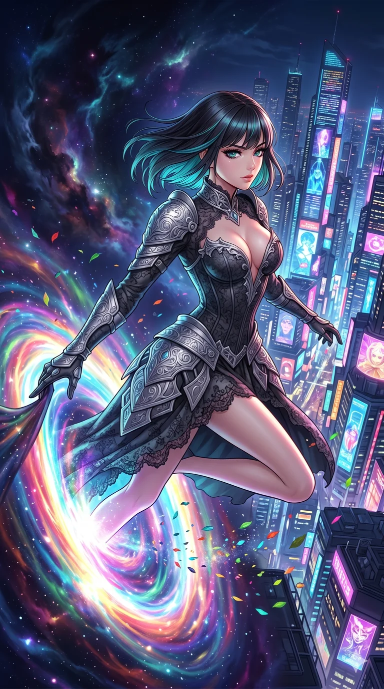 score_9, masterpiece, best quality, ultra-detailed, High-budget Anime Keyframe, beautiful Japanese anime girl. Low angle cowboy shot filling the entire 9:16 frame with her statuesque presence. Leaping through a portal made of swirling light and color into a futuristic city. She has an absolutely perfect 8-heads proportion, an exceptionally tall and slender female figure with impossibly long slender legs and an ultra-slim waist. Sharp v-shaped jawline, high-bridge nose, intricate jewel-like eyes with depth, thick eyelashes, glossy lips with a natural sheen. Wearing a Dark Fantasy outfit: gothic charcoal lace corset gown with silver armor and a plunging neckline. Background is a bright and colorful transition between a cosmic void and a neon-lit metropolis. 2k, ultra detail, master piece, 9:16 ratio