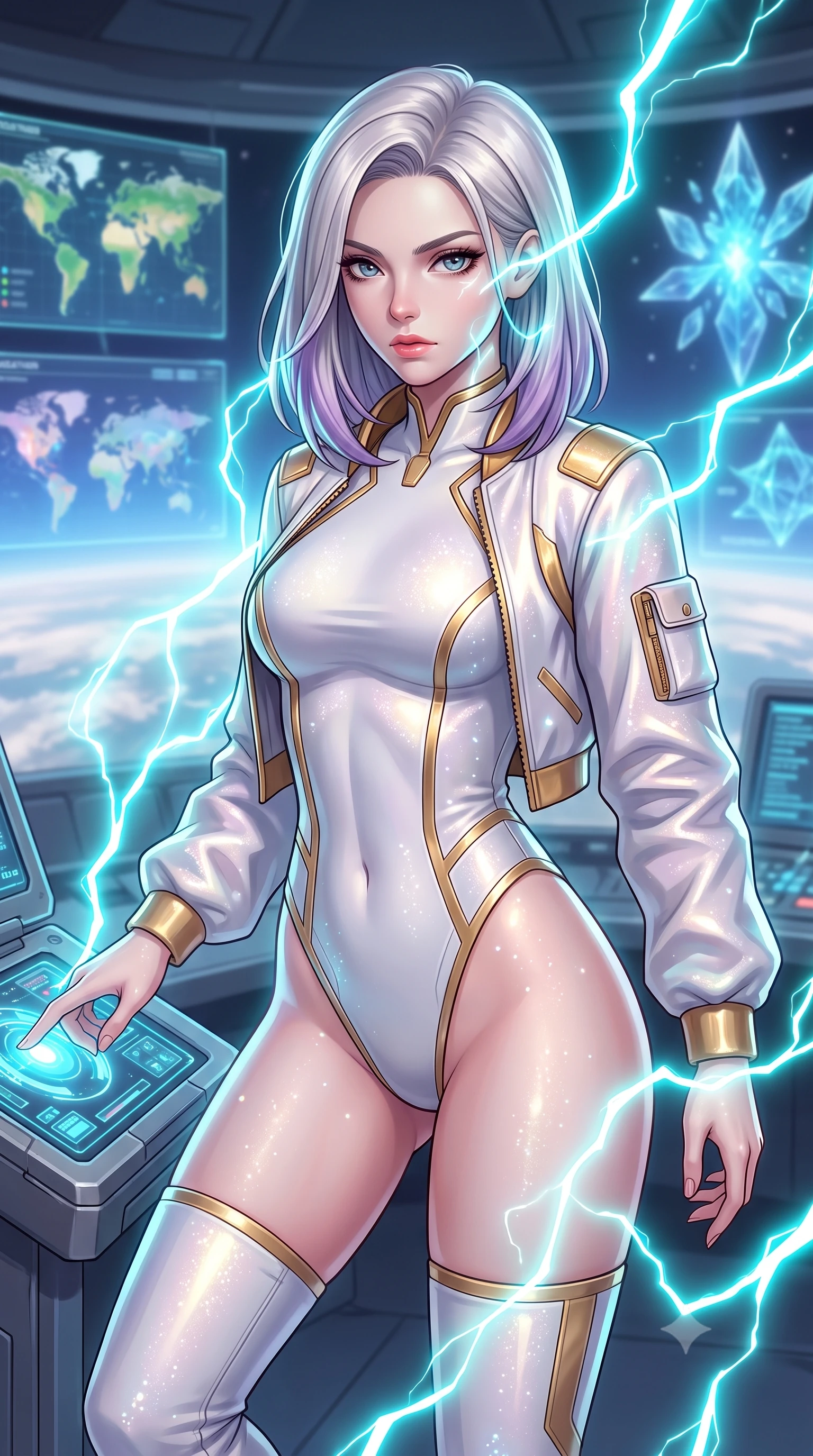 score_9, masterpiece, best quality, ultra-detailed, high-budget anime keyframe, editorial fashion photography, tasteful artistic composition, Caucasian woman, strictly human ears. close-up cowboy shot from the waist and thighs up, the character dominates the composition, filling the frame with her large presence, background elements kept in soft focus. Overloading the reactor core, her face illuminated by the bright cyan electrical energy arcing around her. set against a soft-focus background of a data terminal overlooking the upper atmosphere, with weather maps projecting in mid-air. She has an exceptionally elegant and slender, willowy female figure with an ultra-slim waist, a gracefully sculpted slender torso, and a refined slim physique. sharp v-shaped jawline, high-bridge nose, intricate jewel-like eyes with depth, thick eyelashes, glossy lips with a natural sheen. wearing catching and diffusing the glowing particles, shimmering softly in response to the surrounding light, a tailored sleek white and gold bodysuit with high-cut hips, paired with a matching open tactical bomber jacket and thigh-high boots. highly saturated vibrant anime colors, intense vivid color palette, soft 3D volumetric shading, volumetric dynamic lighting, ethereal pearlescent light emanating from floating crystalline formations all around. 2k, ultra detail, master piece, 9:16 ratio