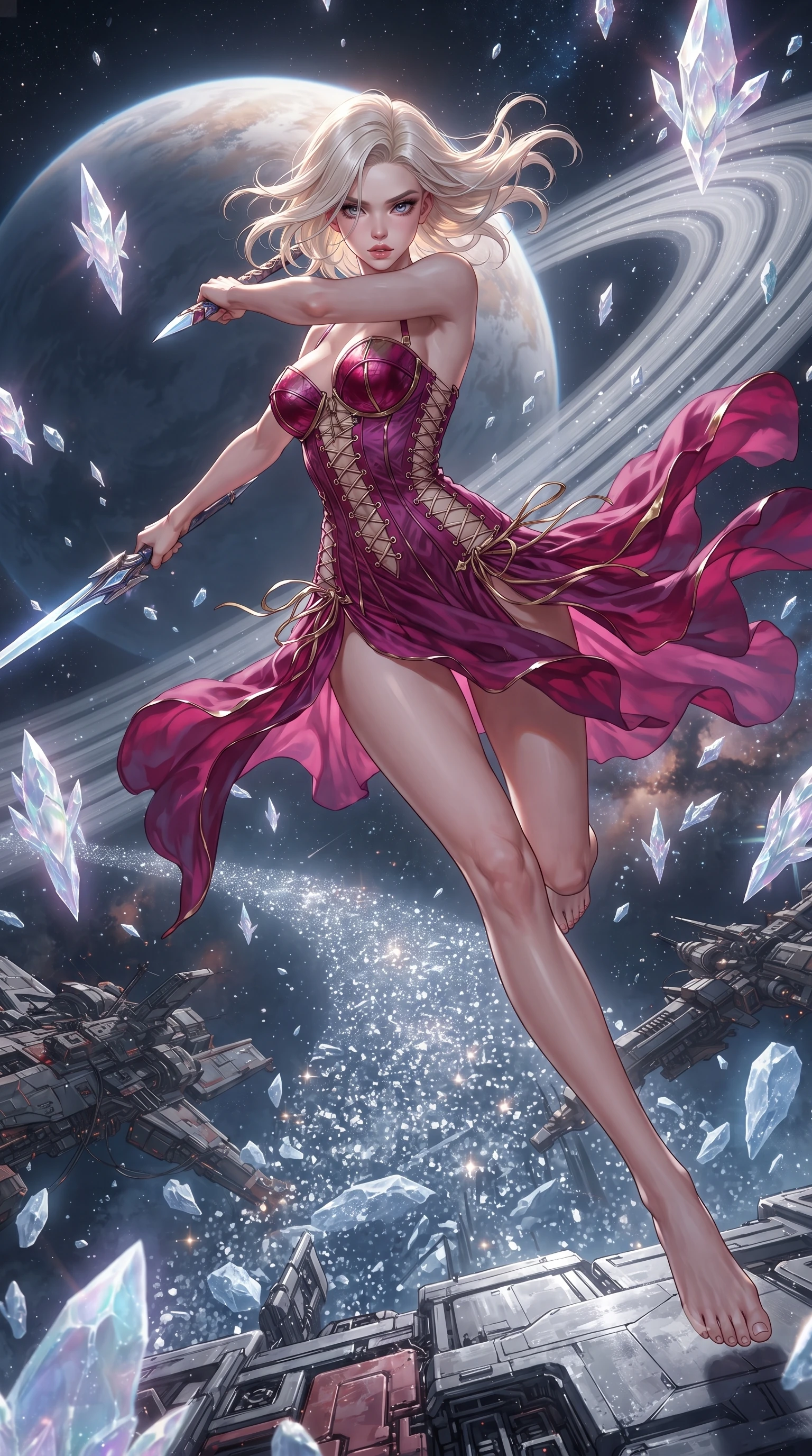 score_9, masterpiece, best quality, ultra-detailed, high-budget anime keyframe, editorial fashion photography, tasteful artistic composition, realistic cosplay photography, Caucasian woman, strictly human ears. low angle full-body shot from head to toe showing her feet, filling the entire 9:16 vertical frame with her statuesque presence, stretching her vertical silhouette. leaping aggressively down onto an enemy platform with her energy blade drawn to strike within crossing the planetary rings of a giant planet, millions of small ice particles reflecting the distant sun like a silver road. She has a statuesque 8.5-heads proportion, an exceptionally tall, slender and willowy model-like build with impossibly long legs and a highly sculpted ultra-slim waist. sharp v-shaped jawline, high-bridge nose, intricate jewel-like eyes with depth, thick eyelashes, glossy lips with a natural sheen. wearing the lightweight fabric rippling and billowing dramatically with her movement, a form-contouring deconstructed corset dress in deep magenta with exposed gold lacing and structured crimson cups. ethereal pearlescent light emanating from floating crystalline formations all around. ultra-reflective glossy finish, specular highlights, metallic sheen, high-contrast stereoscopic depth, volumetric dynamic lighting, 2k, ultra detail, master piece, 9:16 ratio