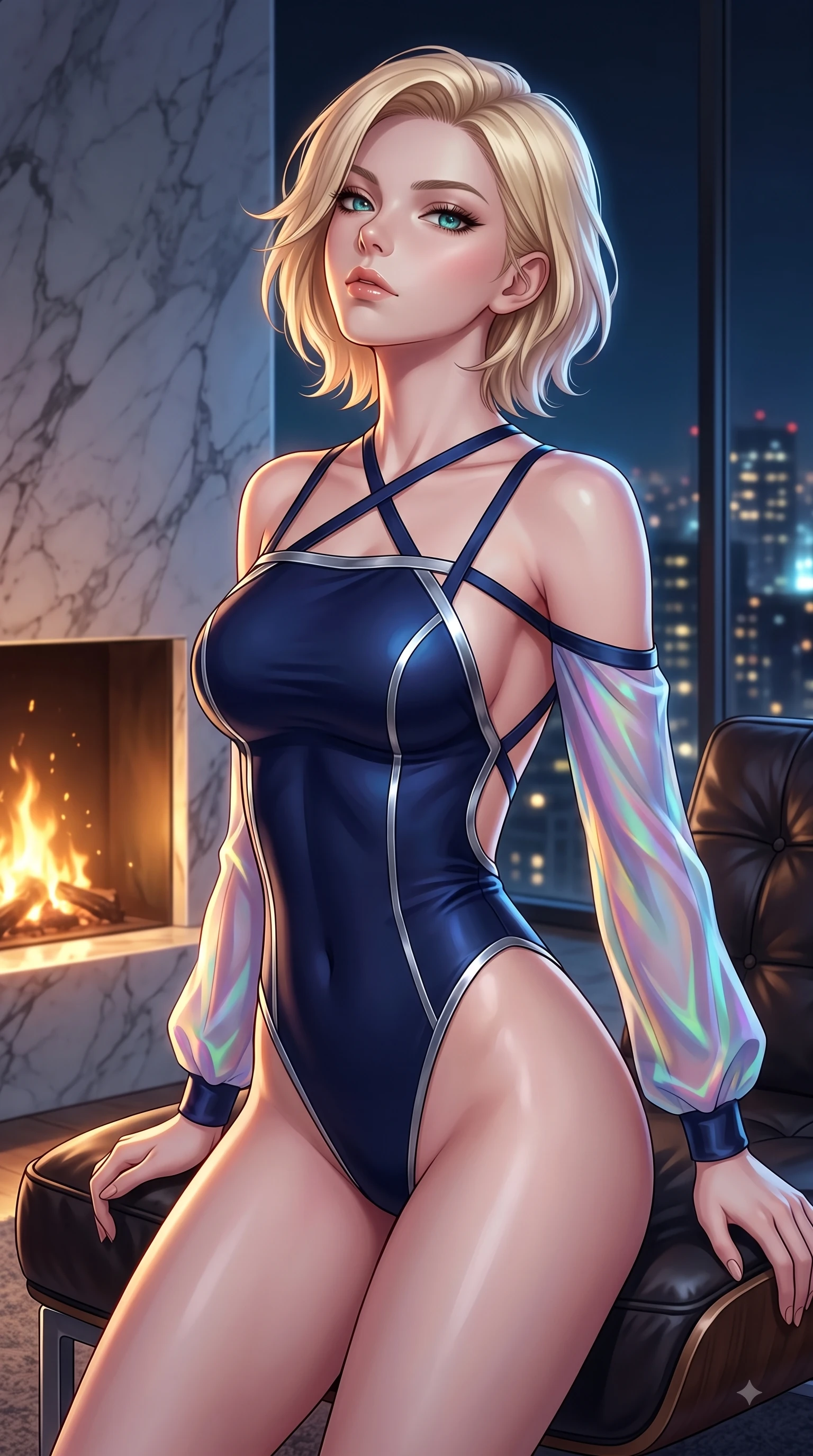 score_9, masterpiece, best quality, ultra-detailed, high-budget anime keyframe, editorial fashion photography, tasteful artistic composition, Caucasian woman. close-up cowboy shot from the waist and thighs up, the character dominates the composition, filling the frame with her large presence, background elements kept in soft focus. Tilting her chin up with composed magnetism as dramatic side lighting traces her sculpted waist and hip contour while resting on a leather lounge chair by a marble fireplace as soft golden hearth embers highlight her slender torso, glistening city lights twinkling softly through floor-to-ceiling glass in the background. She has an exceptionally elegant, slender, and willowy female figure with an ultra-slim waist, a gracefully sculpted slender torso, and a refined silhouette. sharp v-shaped jawline, high-bridge nose, intricate jewel-like eyes with depth, thick eyelashes, glossy lips with a natural sheen, flawlessly proportioned anatomical accuracy, natural body alignment, perfectly sculpted elegant limbs, clean dynamic posture without body distortion. wearing an asymmetrical high-cut tech-bodysuit with detached sleeves in midnight navy blue and chrome trim, crafted from iridescent chiffon that shifts colors in the light, complemented by criss-cross back straps highlighting her bare shoulders, the glove-like fit emphasizing her statuesque silhouette during motion. illuminated by glowing hearth embers and dramatic city night rim light. highly saturated vibrant anime colors, detailed shading with soft gradients, rich glossy textures, high-contrast stereoscopic depth, volumetric dynamic lighting, master piece, 9:16 ratio