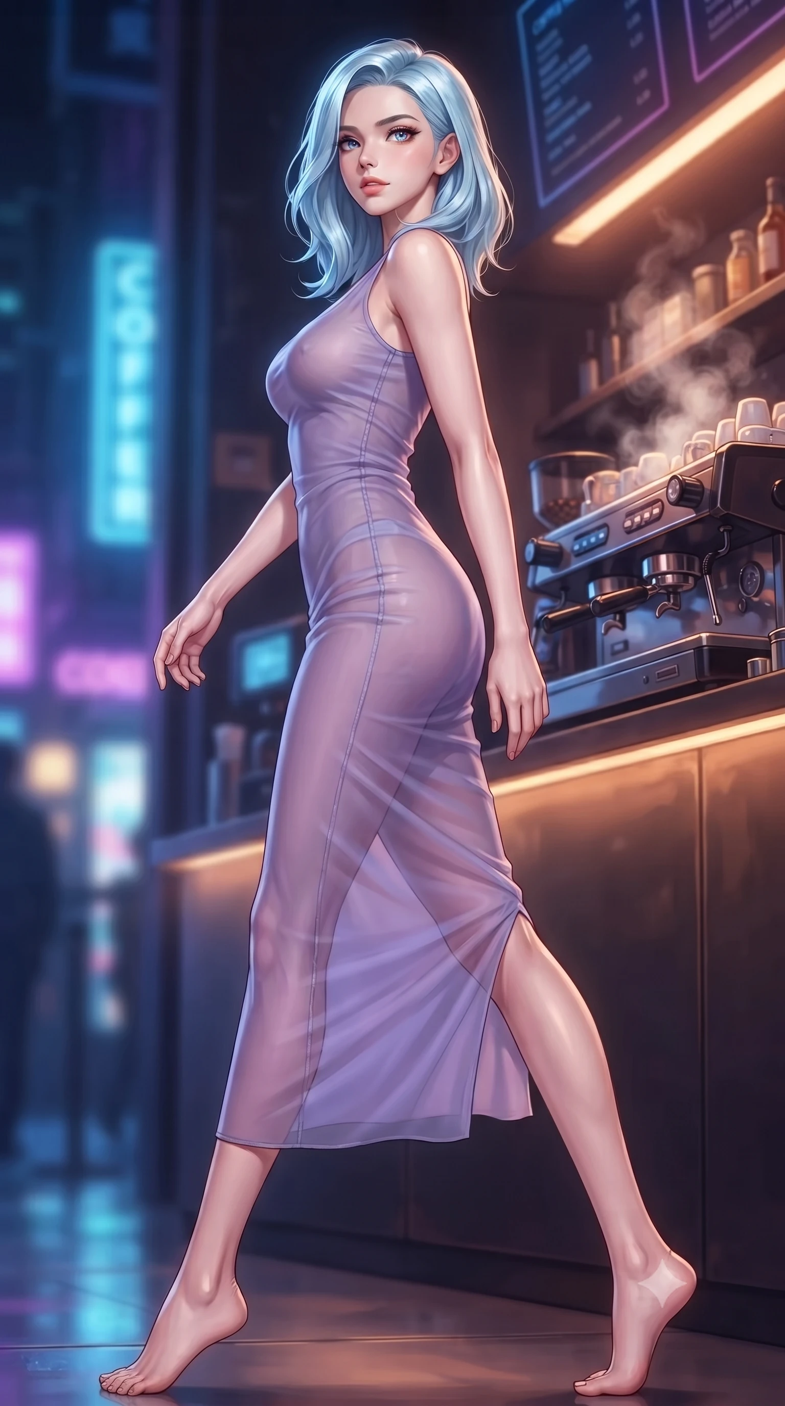 score_9, masterpiece, best quality, ultra-detailed, high-budget anime keyframe, editorial fashion photography, tasteful artistic composition, Korean woman. low angle full-body shot from head to toe showing her feet, filling the entire 9:16 vertical frame with her statuesque presence, stretching her vertical silhouette. stepping gracefully while looking back over her shoulder, her dress draped tightly to reveal her silhouette the background shows a soft-focus a cyber-noir coffee bar with glowing counter edges and steamy espresso machines. She has an absolutely perfect, statuesque 8.5-heads proportion, an exceptionally tall and slender model-like female figure with impossibly long slender legs and an ultra-slim waist. sharp v-shaped jawline, high-bridge nose, intricate jewel-like eyes with depth, thick eyelashes, glossy lips with a natural sheen. wearing a slim-fit semi-transparent chiffon maxi dress in lavender, showing her silhouette through the sheer fabric. warm amber desk lighting contrasting with cool blue neon street reflections. highly saturated vibrant anime colors, detailed shading with soft gradients, rich glossy textures, high-contrast stereoscopic depth, volumetric dynamic lighting, master piece, 9:16 ratio