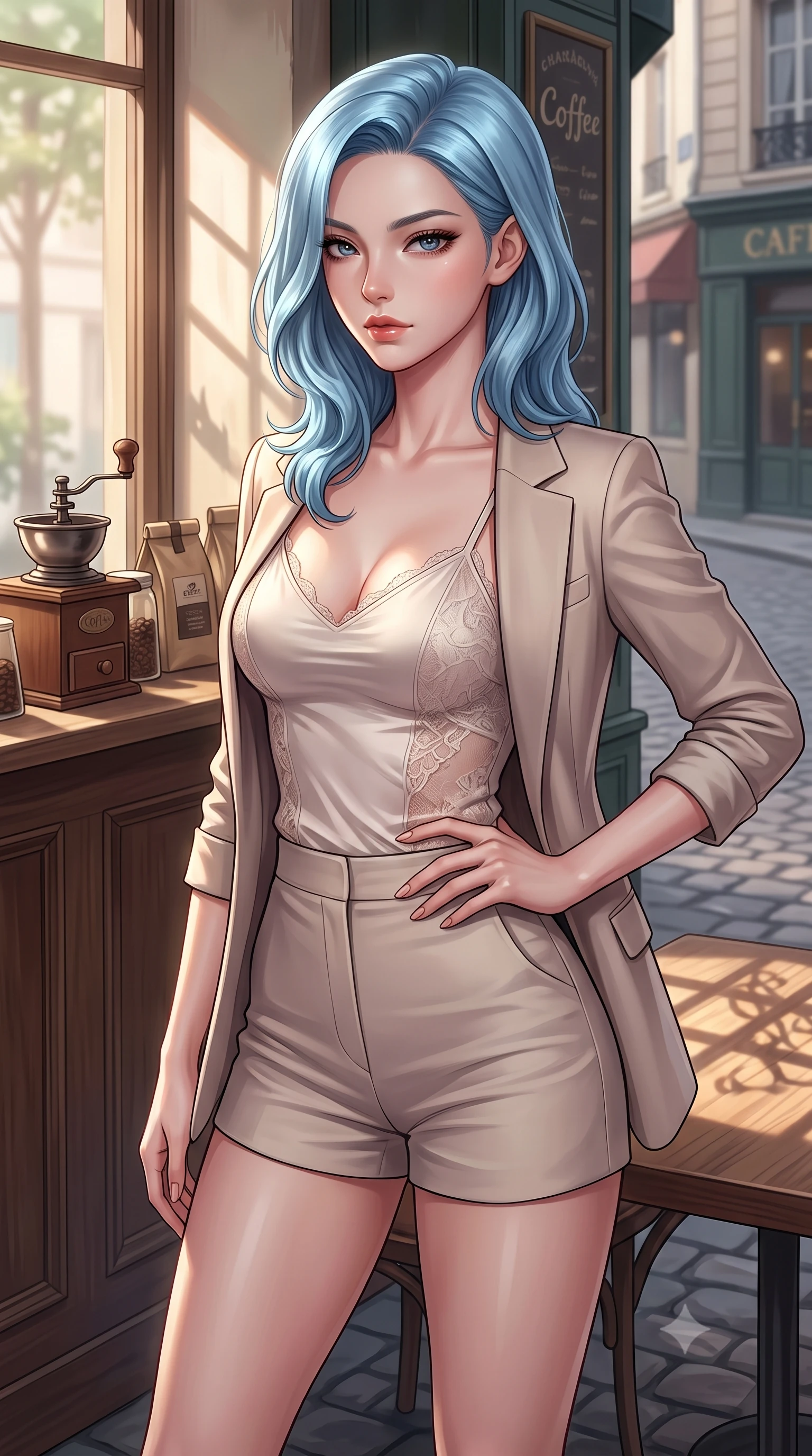 score_9, masterpiece, best quality, ultra-detailed, high-budget anime keyframe, editorial fashion photography, tasteful artistic composition, Korean woman. close-up cowboy shot from the waist and thighs up, the character dominates the composition, filling the frame with her large presence, background elements kept in soft focus. resting one hand on her waist, casting a smoldering, enticing side-gaze at the viewer set against a soft-focus background of at a vintage Parisian-style cafe corner next to a quiet cobblestone street with a vintage coffee grinder and bags of coffee beans on the counter behind her. She has an exceptionally elegant, slender, and willowy female figure with an ultra-slim waist, a gracefully sculpted slender torso, and a refined silhouette. sharp v-shaped jawline, high-bridge nose, intricate jewel-like eyes with depth, thick eyelashes, glossy lips with a natural sheen. wearing tailored delicate silk camisole with lace panels and a tailored blazer worn open over form-contouring shorts. soft afternoon sunlight casting shadows of window panes on the wooden table. highly saturated vibrant anime colors, detailed shading with soft gradients, rich glossy textures, high-contrast stereoscopic depth, volumetric dynamic lighting, master piece, 9:16 ratio