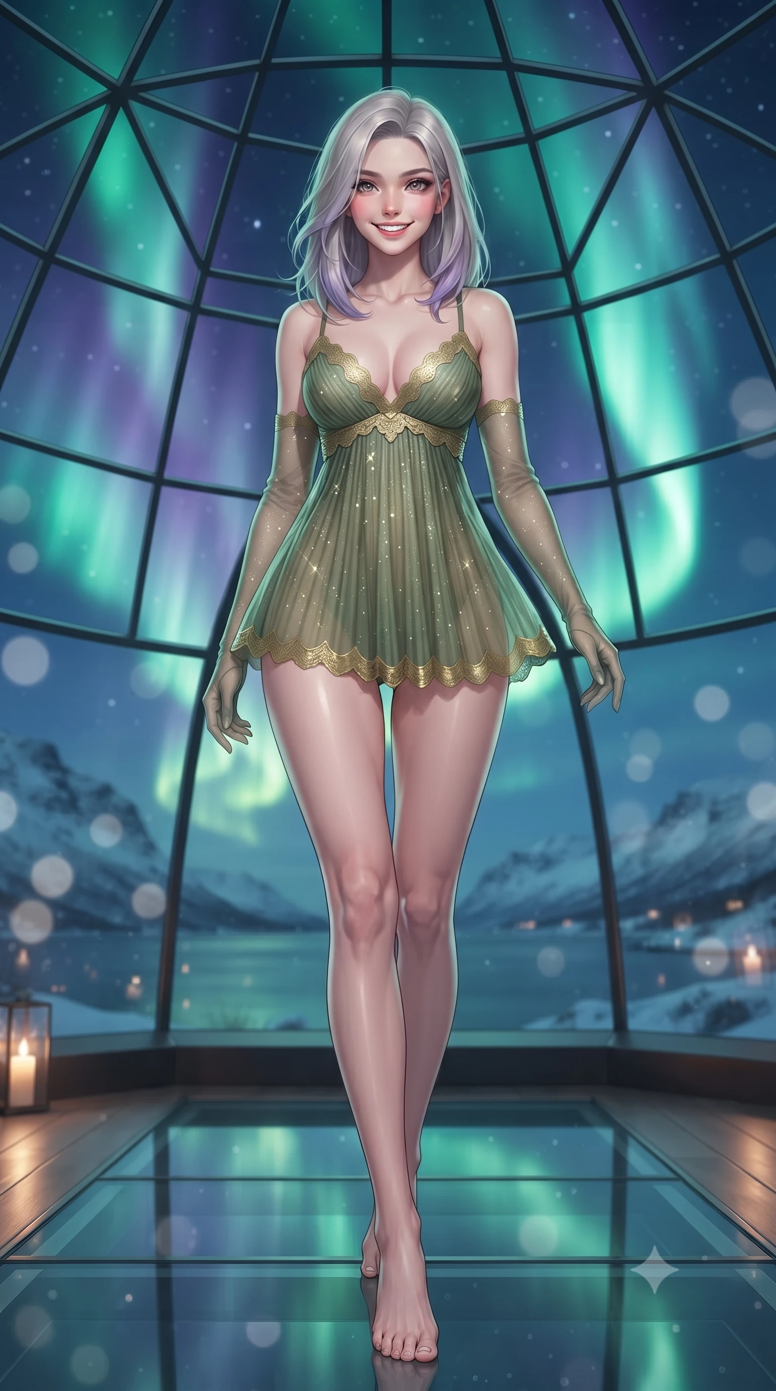 score_9, masterpiece, best quality, ultra-detailed, high-budget anime keyframe, editorial fashion photography, tasteful artistic composition, Caucasian woman. low angle full-body shot from head to toe showing her feet, filling the entire 9:16 vertical frame with her statuesque presence, stretching her vertical silhouette. stepping forward in a confident stride, her long slender legs and curvaceous hips creating a dynamic, sweeping vertical line while standing poised beneath the panoramic geodesic glass dome, arching her lower back with ethereal siren allure as colossal ribbons of emerald aurora dance across the sky. The background shows a soft-focus swirling curtains of brilliant emerald and violet Aurora Borealis illuminating moonlit fjord waters and snowy peaks blurred into jade, amethyst, and silver bokeh. She has an exceptionally tall and slender model-like 8.5-heads proportion, an ultra-slim waist, a flat toned midriff, narrow delicate ribcage, and beautifully sculpted feminine hips creating a graceful, slim hourglass silhouette without any bulky heaviness, with impossibly long slender legs. sharp v-shaped jawline, high-bridge nose, intricate jewel-like sparkling eyes with depth, thick eyelashes, glossy parted lips with a natural peach sheen, bright cheerful beaming smile with an enchanting and coquettish sensual glint, exuding both youthful cute charm and seductive allure, flawlessly proportioned anatomical accuracy, strict slender model proportions, natural body alignment, perfectly sculpted long slender limbs, ultra-slim waistline, clean dynamic posture without body distortion. wearing a form-contouring sheer pleated georgette baby-doll slip with plunging sweetheart neckline and scalloped lace trim in Gion antique matcha green and gilded gold leaf, woven from stretch metallic lurex jersey casting radiant starlight glints across her curves, complemented by sheer opera-length evening gloves tracing her slender arms, the second-skin tailored fabric adhering flawlessly to her sculpted flat midriff and slender torso, emphasizing her long leg lines and perfectly proportioned willowy build. bathed in the ethereal 5000K emerald-cyan luminescence of the Northern Lights mixed with warm 2200K interior hearth glows. ultra-reflective glossy finish, specular highlights, rich textural contrasts, high-contrast stereoscopic depth, volumetric dynamic lighting, 2k, ultra detail, master piece, 9:16 ratio