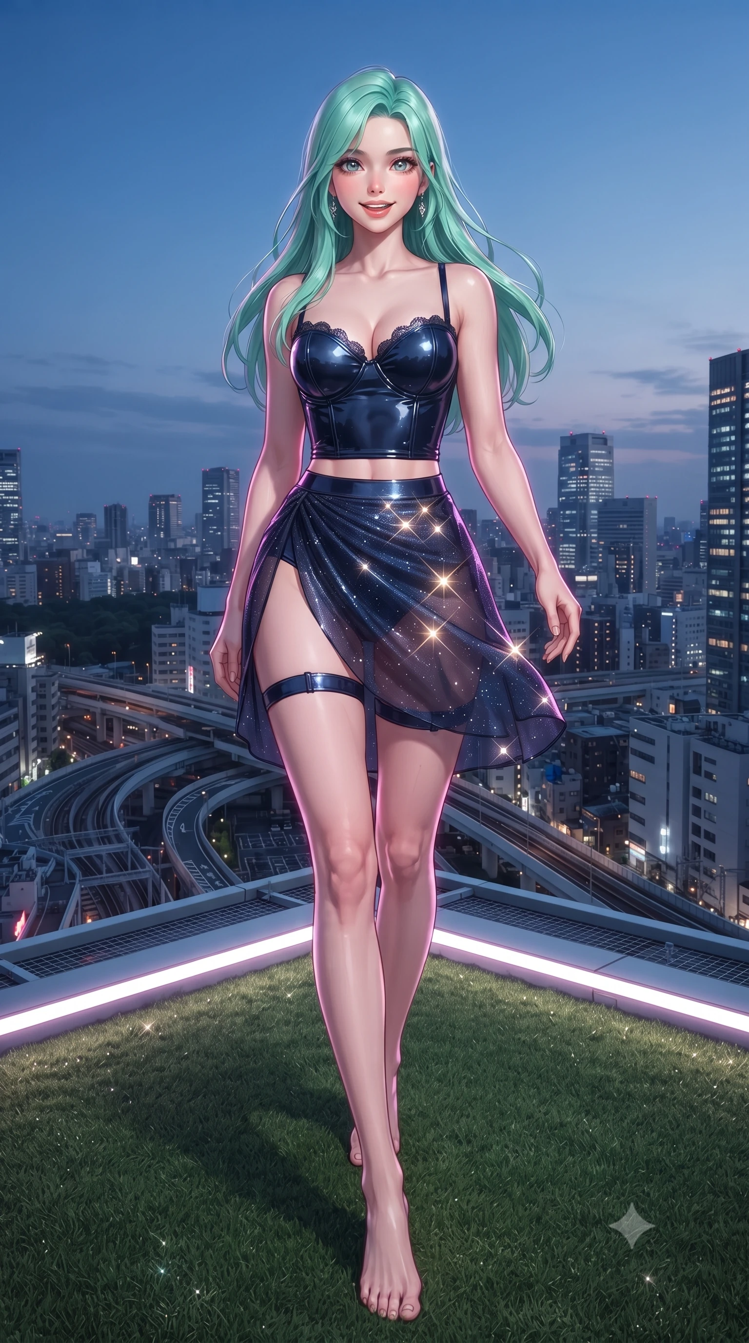 score_9, masterpiece, best quality, ultra-detailed, high-budget anime keyframe, editorial fashion photography, tasteful artistic composition, Japanese woman. low angle full-body shot from head to toe showing her feet, filling the entire 9:16 vertical frame with her statuesque presence, stretching her vertical silhouette. stepping slowly toward the camera with hypnotic grace, hips swaying in an alluring sensual rhythm that accentuates her curvy hourglass silhouette and long slender legs while perched on the helipad artificial turf with one knee bent, her long slender legs and hourglass waist commanding the colossal megalopolis. The surrounding environment is rendered in vivid detail and crisp panoramic clarity: detailed cheongsam-inspired mini dress weave, high-slit seam borders, and Tokyo megalopolis infrastructure in razor-sharp precision. She has an exceptionally tall and slender model-like 8.5-heads proportion, an ultra-slim waist, a flat toned midriff, narrow delicate ribcage, and beautifully sculpted feminine hips creating a graceful, slim hourglass silhouette without any bulky heaviness, with impossibly long slender legs. sharp v-shaped jawline, high-bridge nose, intricate jewel-like sparkling eyes with depth, thick eyelashes, glossy parted lips with a natural peach sheen, bright cheerful beaming smile with an enchanting and coquettish sensual glint, exuding both youthful cute charm and seductive allure, flawlessly proportioned anatomical accuracy, strict slender model proportions, natural body alignment, perfectly sculpted long slender limbs, ultra-slim waistline, clean dynamic posture without body distortion. wearing a wet-look form-fitting vinyl bustier paired with a high-slit sheer-layered wrap mini skirt and thigh-strap accents in deep midnight navy and liquid starlight chrome, woven from stretch metallic lurex jersey casting radiant starlight glints across her curves, finished with scalloped eyelash lace trim framing her sweetheart neckline with intimate elegance, the high-slit wrap tailoring accentuating her ultra-slim waistline and the enchanting curve of her feminine hips with alluring seductive charm. illuminated by rooftop edge LED strip lights and crisp platinum-magenta rim lights sculpting her jawline, flat midriff, and curvy hips. ultra-reflective glossy finish, specular highlights, rich textural contrasts, high-contrast stereoscopic depth, volumetric dynamic lighting, 2k, ultra detail, master piece, 9:16 ratio