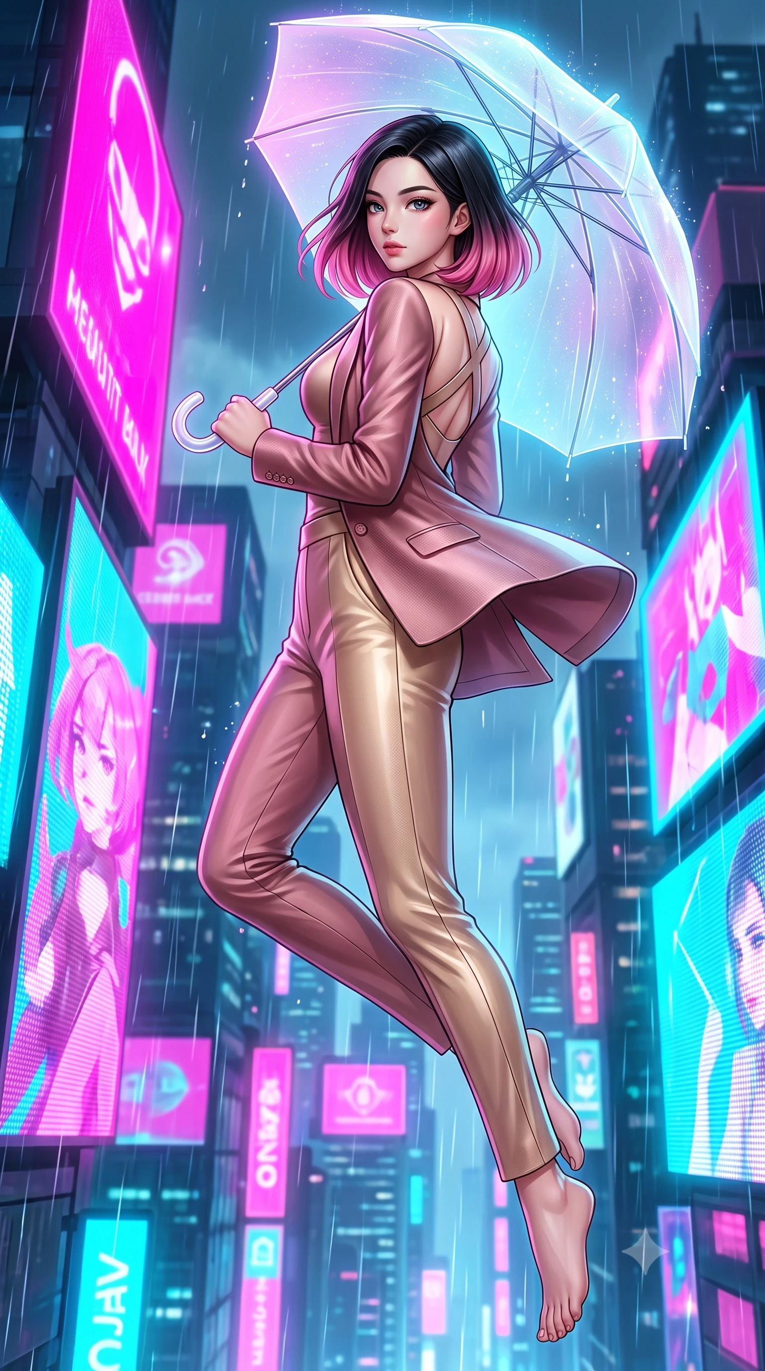 score_9, masterpiece, best quality, ultra-detailed, high-budget anime keyframe, editorial fashion photography, tasteful artistic composition, Korean woman. low angle full-body shot from head to toe showing her feet, filling the entire 9:16 vertical frame with her statuesque presence, stretching her vertical silhouette. pivoting dynamically in zero-gravity with fluid body alignment, displaying her perfect model proportions while holding a glowing translucent umbrella under vibrant magenta and cyan billboards, fluttering lightweight attire catching the high-altitude rainy wind. She has an absolutely perfect, statuesque 8.5-heads proportion, an exceptionally tall and slender model-like female figure with impossibly long slender legs and an ultra-slim waist. sharp v-shaped jawline, high-bridge nose, intricate jewel-like eyes with depth, thick eyelashes, glossy lips with a natural sheen, flawlessly proportioned anatomical accuracy, natural body alignment, perfectly sculpted elegant limbs, clean dynamic posture without body distortion. wearing a tailored silk blazer over a form-contouring scoop-neck top and slacks in dusty rose and champagne gold, made of fine carbon-fiber weave and soft matte leather, complemented by criss-cross back straps highlighting her bare shoulders, the sleek second-skin texture accentuating her magnetic presence. surrounded by a vibrant, atmospheric city glow with glistening raindrops. highly saturated vibrant anime colors, detailed shading with soft gradients, rich glossy textures, high-contrast stereoscopic depth, volumetric dynamic lighting, master piece, 9:16 ratio