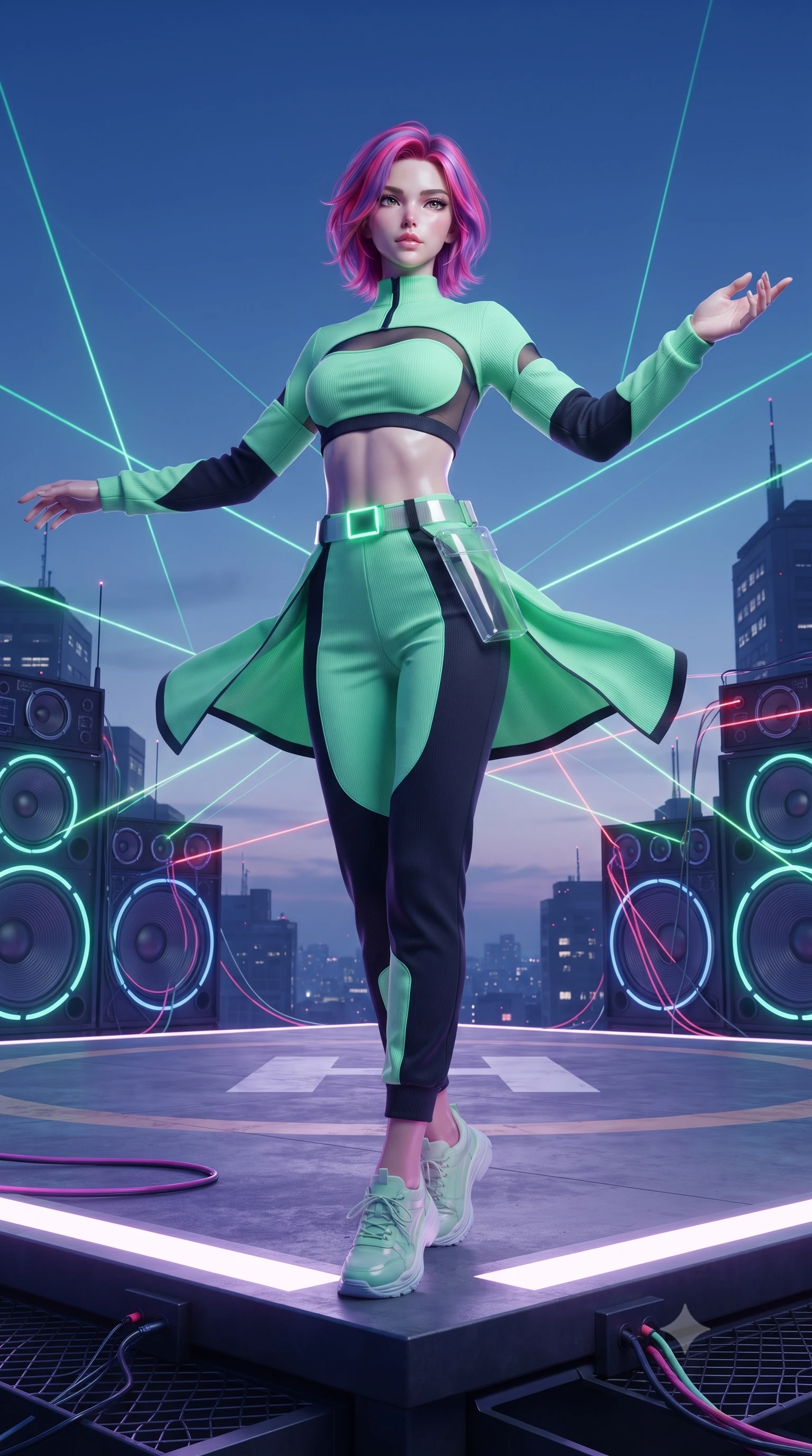 score_9, masterpiece, best quality, ultra-detailed, high-budget anime keyframe, editorial fashion photography, tasteful artistic composition, Caucasian woman. low angle full-body shot from head to toe showing her feet, filling the entire 9:16 vertical frame with her statuesque presence, stretching her vertical silhouette. executing an elegant mid-motion spin with effortless grace, her garments fluttering softly around her ultra-slim waistline while standing poised on the edge of a rooftop helipad platform with arms outstretched, welcoming the pulsing techno basslines. The surrounding environment is rendered in vivid detail and crisp panoramic clarity. intricate audio speaker grilles, glowing LED accessory cables, and laser beam paths in high resolution. She has an absolutely perfect, statuesque 8.5-heads proportion, an exceptionally tall and slender model-like female figure with impossibly long slender legs, a toned flat midriff, and an ultra-slim waist. sharp v-shaped jawline, high-bridge nose, intricate jewel-like eyes with depth, thick eyelashes, glossy lips with a natural sheen, captivating and magnetic expression, flawlessly proportioned anatomical accuracy, strict slender model proportions, natural body alignment, perfectly sculpted long slender limbs, ultra-slim waistline, clean dynamic posture without body distortion. wearing an aerodynamic athletic crop pullover with detachable sleeves and high-waist techwear joggers in neon mint green and dark obsidian, made of stretchy ribbed athletic knit with sheer mesh cutout inserts, complemented by a neon LED belt buckle and translucent vinyl holster, the precision-cut daring openings accentuating her delicate midriff, graceful bare collarbones, and ultra-slim feminine waistline. surrounded by a vibrant, fearless, and passionately energetic Y2K party queen aura. ultra-reflective glossy finish, specular highlights, rich textural contrasts, high-contrast stereoscopic depth, volumetric dynamic lighting, 2k, ultra detail, master piece, 9:16 ratio