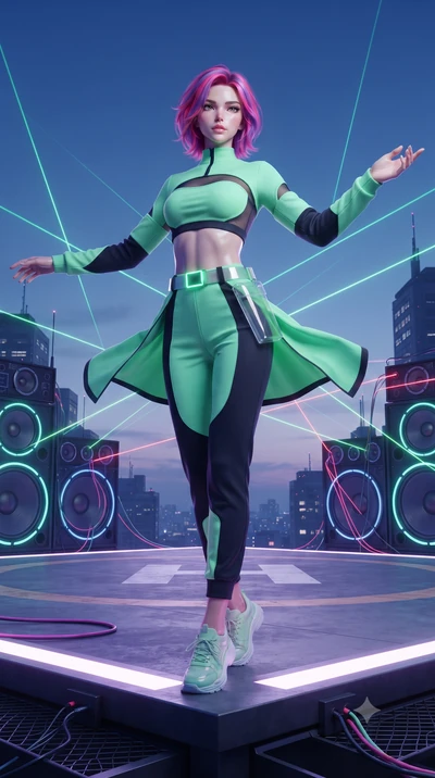 score_9, masterpiece, best quality, ultra-detailed, high-budget anime keyframe, editorial fashion photography, tasteful artistic composition, Caucasian woman. low angle full-body shot from head to toe showing her feet, filling the entire 9:16 vertica