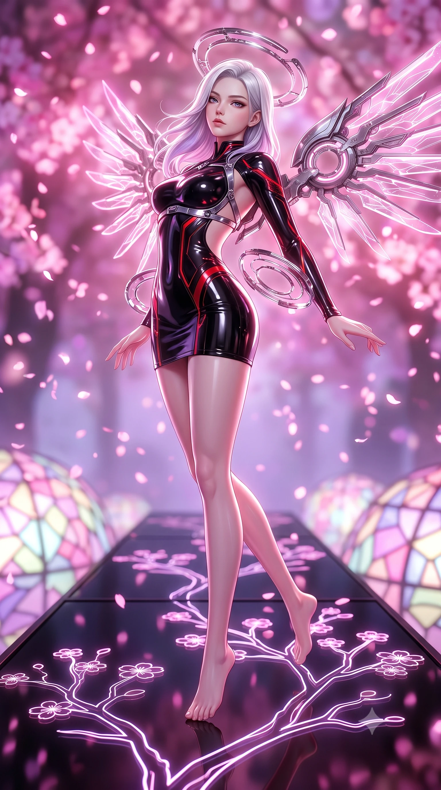 score_9, masterpiece, best quality, ultra-detailed, high-budget anime keyframe, semi-realistic 3D game render, editorial fashion photography, tasteful artistic composition, Caucasian woman. low angle full-body shot from head to toe showing her feet, filling the entire 9:16 vertical frame with her statuesque presence, stretching her vertical silhouette. arching her back gracefully in mid-air as glowing mechanical wings and floating cybernetic halos frame her statuesque presence while pivoting dynamically on a black glass runway as holographic cherry blossom branches branch out in glowing neon lines. The composition keeps background elements in soft focus with creamy bokeh. swirling digital sakura petals and glowing stained-glass dome facets blurred into dreamy magenta and pastel pink bokeh. She has an absolutely perfect, statuesque 8.5-heads proportion, an exceptionally tall and slender model-like female figure with impossibly long slender legs, a toned flat midriff, and an ultra-slim waist. sharp v-shaped jawline, high-bridge nose, intricate jewel-like eyes with depth, thick eyelashes, glossy lips with a natural sheen, flawlessly proportioned anatomical accuracy, strict slender model proportions, natural body alignment, perfectly sculpted long slender limbs, ultra-slim waistline, clean dynamic posture without body distortion. wearing a high-gloss lacquer cyber-couture mini dress with an open-back architectural cut and subtle glowing micro-filaments in high-gloss obsidian black and burning laser crimson accents, made of liquid jersey fabric that clings flawlessly to every contour of her build, reinforced by a sleek metallic chrome harness and delicate glowing micro-straps, the glove-like aerodynamic second-skin fit tightly clinging to her ultra-slender waist and athletic curves without adding bulk, accentuating her razor-sharp statuesque lines and slim hourglass silhouette. bathed in luminous magenta and rose-pink digital sakura backlighting with soft violet fill. rich saturated anime colors with glowing neon highlights, detailed shading with soft gradients, rich glossy textures, high-contrast stereoscopic depth, volumetric dynamic lighting, master piece, 9:16 ratio