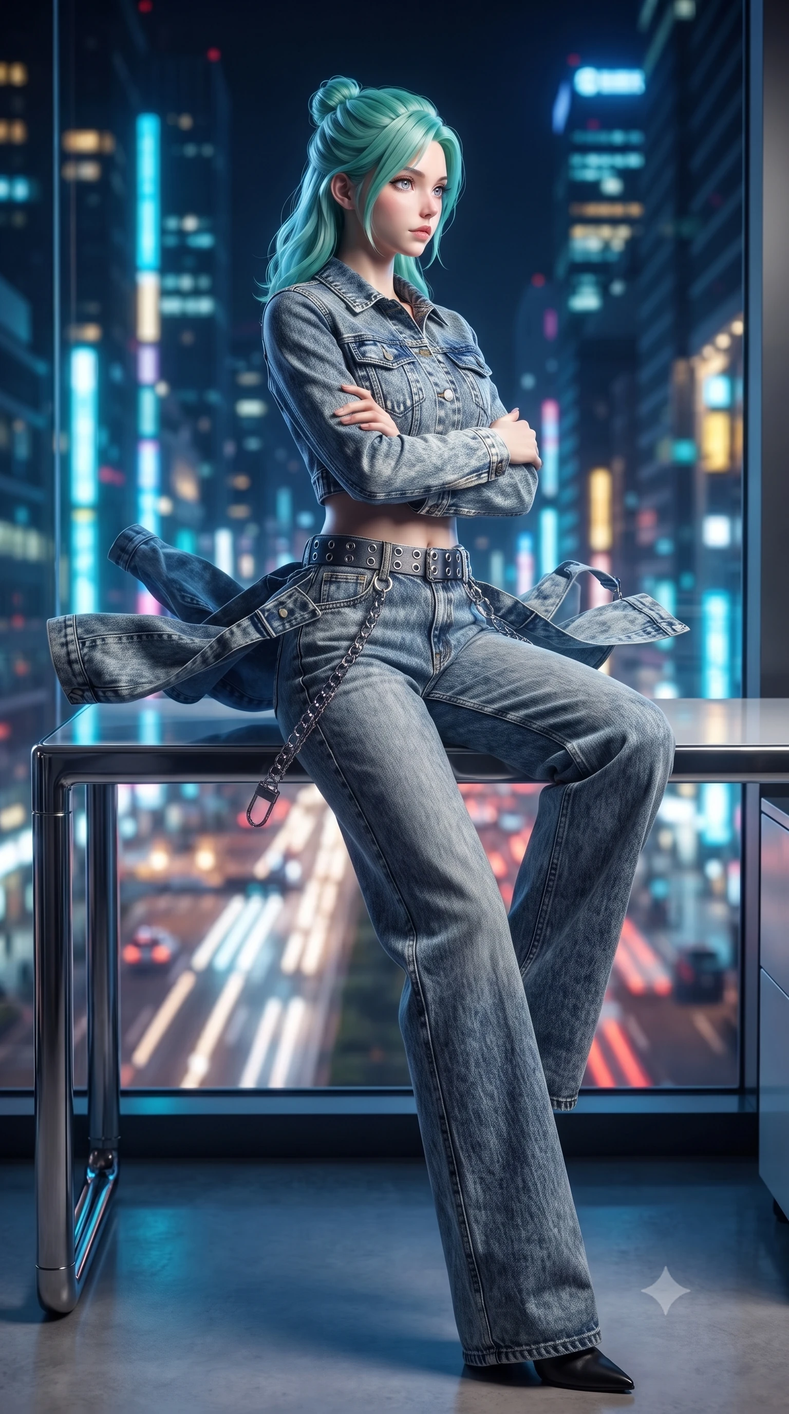 score_9, masterpiece, best quality, ultra-detailed, high-budget anime keyframe, editorial fashion photography, tasteful artistic composition, Japanese woman. low angle full-body shot from head to toe showing her feet, filling the entire 9:16 vertical frame with her statuesque presence, stretching her vertical silhouette. executing an elegant mid-motion spin with effortless grace, her garments fluttering softly around her ultra-slim waistline while sitting on the edge of a floating chrome desk with arms folded loosely, gazing through the one-way panoramic glass into the night. The composition keeps background elements in soft focus with creamy bokeh. dizzying vertical cityscape traffic light trails and neon skyscrapers far below blurred into sapphire, cyan, and gold bokeh. She has an absolutely perfect, statuesque 8.5-heads proportion, an exceptionally tall and slender model-like female figure with impossibly long slender legs, a toned flat midriff, and an ultra-slim waist. sharp v-shaped jawline, high-bridge nose, intricate jewel-like eyes with depth, thick eyelashes, glossy lips with a natural sheen, captivating and magnetic expression, flawlessly proportioned anatomical accuracy, strict slender model proportions, natural body alignment, perfectly sculpted long slender limbs, ultra-slim waistline, clean dynamic posture without body distortion. wearing a deconstructed denim corseted crop jacket paired with high-waisted wide-leg utility jeans and a silver grommet belt in acid-wash light denim and dark chrome, tailored from distressed structured cotton denim with metallic thread, accented with hanging industrial clip straps and chrome chain links edition #16, the liquid-tight tailored fabric emphasizing every curve of her tall, slender model proportions and sculptured silhouette during dynamic movement. illuminated by crisp directional key light defining her razor-sharp jawline, eyes, and slender curves. ultra-reflective glossy finish, specular highlights, rich textural contrasts, high-contrast stereoscopic depth, volumetric dynamic lighting, 2k, ultra detail, master piece, 9:16 ratio