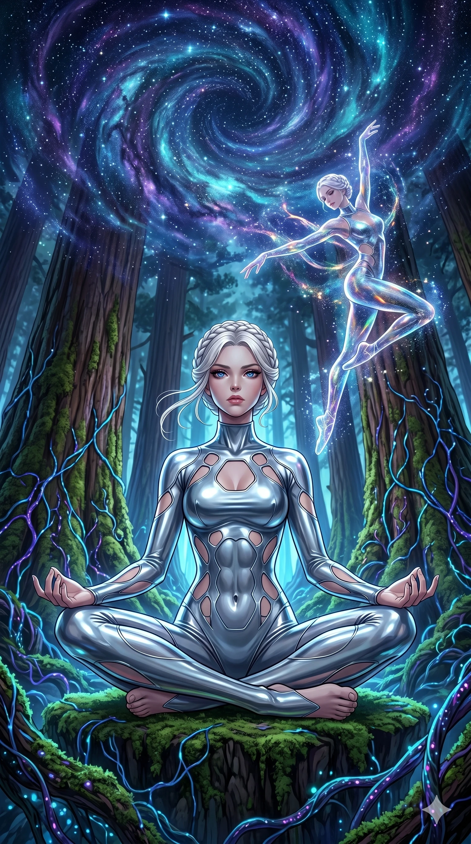 score_9, masterpiece, best quality, ultra-detailed, Set A: High-budget Anime Keyframe, Caucasian (human ears) woman. Low angle cowboy shot filling the entire 9:16 frame with her statuesque presence. Theme: Primal Nature. meditating in a giant redwood forest with glowing vines, as her reflection in the air starts to dance independently 105. The atmosphere is filled with a swirling vortex of stars. She has an absolutely perfect 8-heads proportion, an exceptionally tall and slender female figure with impossibly long slender legs and an ultra-slim waist. Sharp v-shaped jawline, high-bridge nose, intricate jewel-like eyes with depth, glossy lips. Wearing Sleek silver liquid-mercury jumpsuit with a high neck and strategic cut-outs. Cinematic lighting, vivid colors, dramatic shadows, 2k, ultra detail, master piece, 9:16 ratio