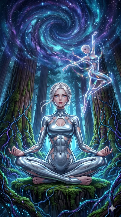 score_9, masterpiece, best quality, ultra-detailed, Set A: High-budget Anime Keyframe, Caucasian (human ears) woman. Low angle cowboy shot filling the entire 9:16 frame with her statuesque presence. Theme: Primal Nature. meditating in a giant redwood
