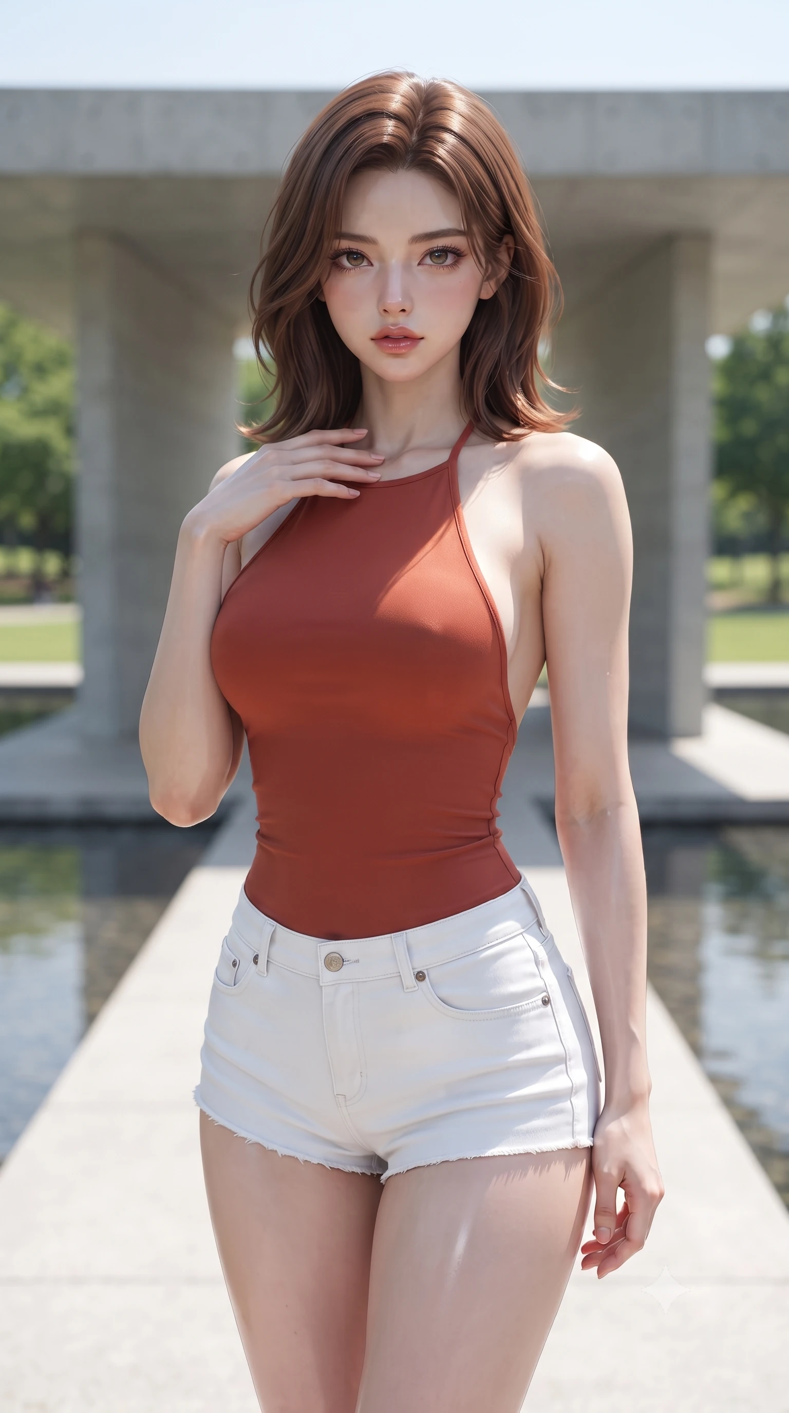 score_9, masterpiece, best quality, ultra-detailed, high-budget anime keyframe, editorial fashion photography, tasteful artistic composition, Korean woman woman. close-up cowboy shot from the waist and thighs up, the character dominates the composition, filling the frame with her large presence, background elements kept in soft focus. standing with one hand resting on her collarbone, looking at the viewer with bedroom-eyes the background shows a soft-focus a minimalist concrete pavilion in a green park, with water pools reflecting the structure. She has an exceptionally elegant, slender, and willowy female figure with an ultra-slim waist, a gracefully sculpted slender torso, and a refined silhouette. sharp v-shaped jawline, high-bridge nose, intricate jewel-like eyes with depth, thick eyelashes, glossy lips with a natural sheen. wearing a body-hugging backless halter top in terracotta red, paired with white denim micro-shorts. bright midday sun rays creating clean, sharp shadows and reflections. ultra-reflective glossy finish, specular highlights, metallic sheen, high-contrast stereoscopic depth, volumetric dynamic lighting, 2k, ultra detail, master piece, 9:16 ratio
