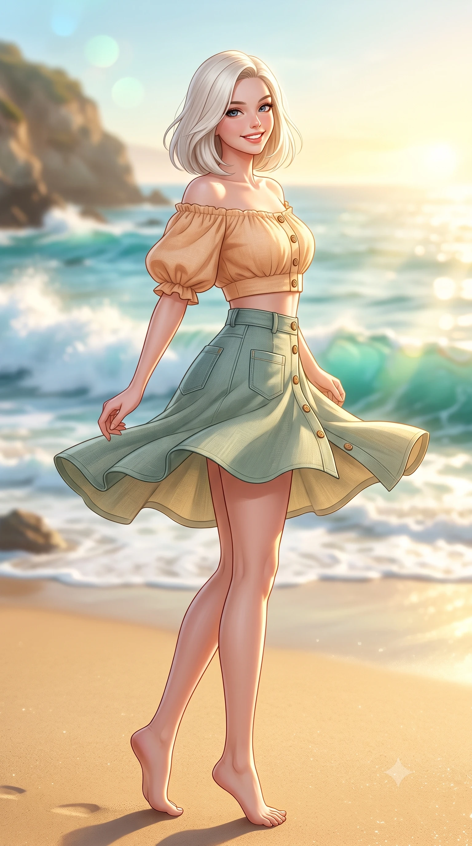 score_9, masterpiece, best quality, ultra-detailed, high-budget anime keyframe, semi-realistic 3D game render, editorial fashion photography, tasteful artistic composition, Caucasian woman. low angle full-body shot from head to toe showing her feet, filling the entire 9:16 vertical frame with her statuesque presence, stretching her vertical silhouette. executing a cheerful mid-motion pivot turn as her skirt flutters around her slender legs, glancing over her shoulder with an intoxicating, teasing cute expression while reclining on an outdoor canvas sun lounger propped on one elbow, her curvy hips and long slender legs caressed by the warm California sea breeze. The composition keeps background elements in soft focus with dreamy creamy bokeh. crashing Pacific turquoise waves, golden sand beaches, and coastal sea cliffs blurred into radiant aquamarine, gold, and seafoam bokeh. She has an exceptionally tall and slender model-like 8.5-heads proportion, an ultra-slim waist, a flat toned midriff, narrow delicate ribcage, and beautifully sculpted feminine hips creating a graceful, slim hourglass silhouette without any bulky heaviness, with impossibly long slender legs. sharp v-shaped jawline, high-bridge nose, intricate jewel-like sparkling eyes with depth, thick eyelashes, glossy parted lips with a natural peach sheen, bright cheerful beaming smile with an enchanting and coquettish sensual glint, exuding both youthful cute charm and seductive allure, flawlessly proportioned anatomical accuracy, strict slender model proportions, natural body alignment, perfectly sculpted long slender limbs, ultra-slim waistline, clean dynamic posture without body distortion. wearing an off-shoulder puff-sleeve crop blouse with a tight high-waisted denim A-line mini skirt emphasizing her curvy hips in soft apricot and sage green, crafted from soft breathable linen with effortless natural drape, finished with neat front wooden buttons and delicate pocket details, the glove-like silhouette tightly following the natural contour of her hips and long slender legs with youthful 8.5-heads elegance. bathed in brilliant golden hour California sunlight streaming across the ocean water. highly saturated vibrant anime colors, detailed shading with soft gradients, rich glossy textures, high-contrast stereoscopic depth, volumetric dynamic lighting, master piece, 9:16 ratio