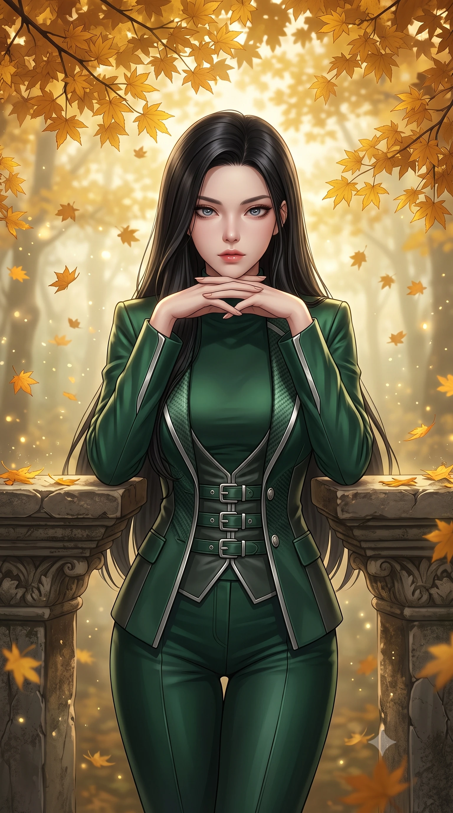 score_9, masterpiece, best quality, ultra-detailed, high-budget anime keyframe, editorial fashion photography, tasteful artistic composition, Korean woman. close-up cowboy shot from the waist and thighs up, the character dominates the composition, filling the frame with her large presence, background elements kept in soft focus. Resting her chin on the backs of her fingers, casting a sharp, mysterious gaze resting near a sacred mirror altar under a canopy of golden autumn maple leaves, floating autumn leaves and glowing mist motes adding serene magic. She has an exceptionally elegant, slender, and willowy female figure with an ultra-slim waist, a gracefully sculpted slender torso, and a refined silhouette. sharp v-shaped jawline, high-bridge nose, intricate jewel-like eyes with depth, thick eyelashes, glossy lips with a natural sheen. wearing a tailored silk blazer over a form-contouring top and fitted slacks in deep emerald green and silver accent, made of fine carbon-fiber weave and soft matte leather, detailed with polished silver buckles along the waistline, the sleek second-skin texture accentuating her magnetic presence. bathed in mystical golden morning light filtered through dense forest fog. highly saturated vibrant anime colors, detailed shading with soft gradients, rich glossy textures, high-contrast stereoscopic depth, volumetric dynamic lighting, master piece, 9:16 ratio