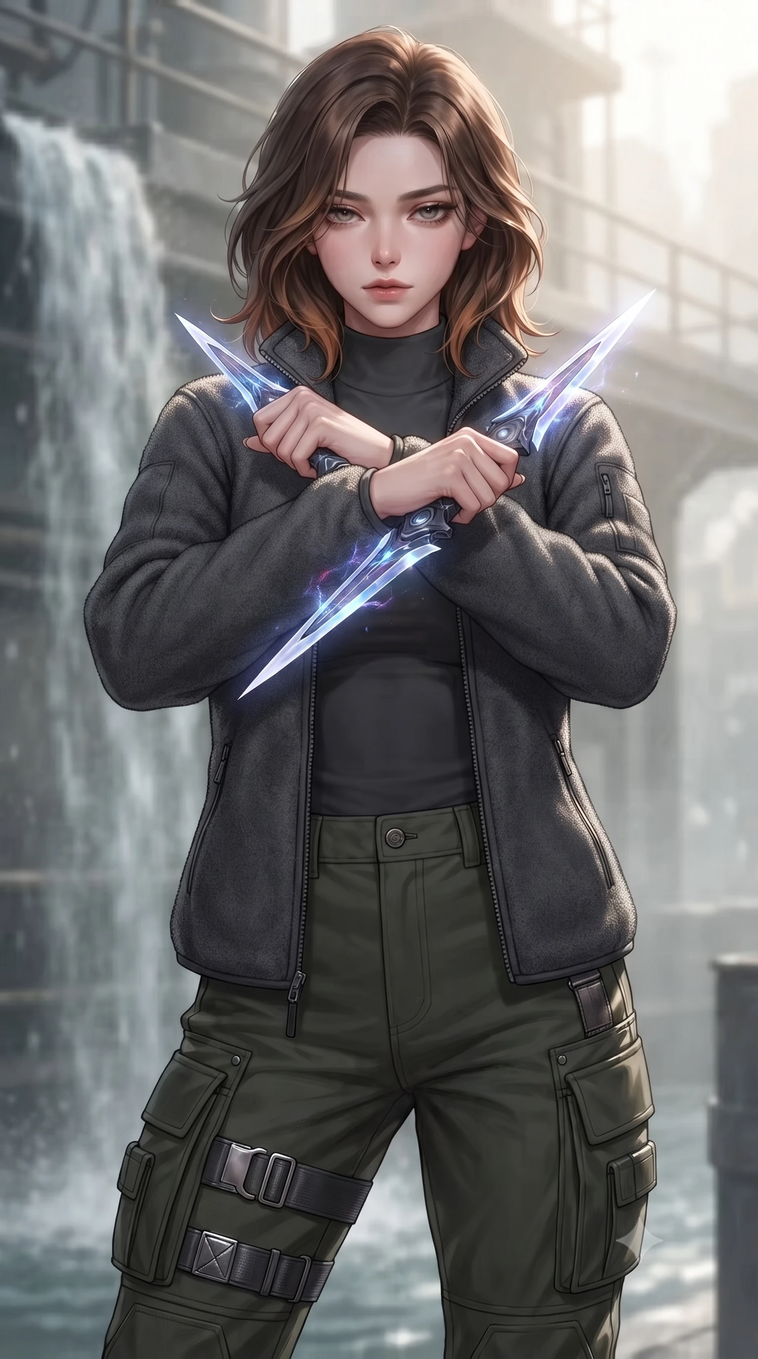 score_9, masterpiece, best quality, ultra-detailed, high-budget anime keyframe, editorial fashion photography, tasteful artistic composition, Korean woman. close-up cowboy shot from the waist and thighs up, the character dominates the composition, filling the frame with her large presence, background elements kept in soft focus. holding two energy daggers crossed in front of her elegant collarbone, casting a heavy-lidded, sultry look, the background shows a soft-focus a steam turbine deck facing a misty waterfall of industrial cooling water. She has an exceptionally elegant, slender, and willowy female figure with an ultra-slim waist, a gracefully sculpted slender torso, and a refined silhouette. sharp v-shaped jawline, high-bridge nose, intricate jewel-like eyes with depth, thick eyelashes, glossy lips with a natural sheen. wearing a tailored comfortable charcoal fleece flight jacket over a protective high-neck undershirt and utility cargo pants. soft morning mist diffusing the sunlight, creating a tranquil, cozy wash. ultra-reflective glossy finish, specular highlights, metallic sheen, high-contrast stereoscopic depth, volumetric dynamic lighting, 2k, ultra detail, master piece, 9:16 ratio