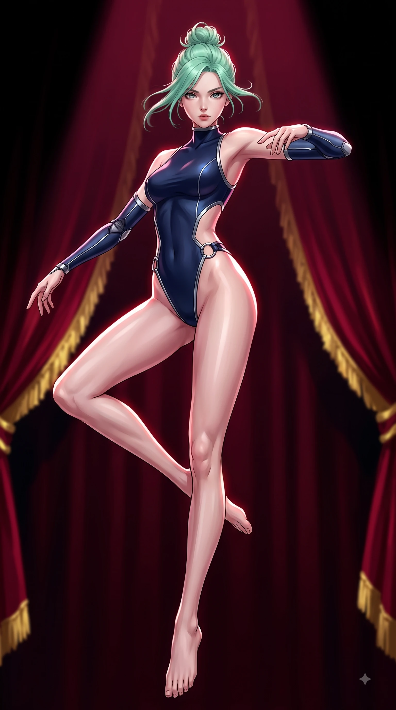 score_9, masterpiece, best quality, ultra-detailed, high-budget anime keyframe, editorial fashion photography, tasteful artistic composition, Japanese woman. low angle full-body shot from head to toe showing her feet, filling the entire 9:16 vertical frame with her statuesque presence, stretching her vertical silhouette. performing an athletic mid-air rotation with flawless poise, her vertical silhouette beautifully stretched while poised in a dramatic low-angle stance as deep crimson theatrical spotlights isolate her figure, rich crimson velvet curtains catching dramatic gold-leaf trim highlights. She has an absolutely perfect, statuesque 8.5-heads proportion, an exceptionally tall and slender model-like female figure with impossibly long slender legs and an ultra-slim waist. sharp v-shaped jawline, high-bridge nose, intricate jewel-like eyes with depth, thick eyelashes, glossy lips with a natural sheen, flawlessly proportioned anatomical accuracy, natural body alignment, perfectly sculpted elegant limbs, clean dynamic posture without body distortion. wearing an asymmetrical high-cut tech-bodysuit with detached sleeves in midnight navy blue and chrome trim, formed from sleek second-skin neoprene, accented with delicate chrome ring hardware framing her waist, the form-contouring material highlighting her ultra-slim waist and long lines. bathed in deep crimson theatrical lighting with sharp specular highlights on every curve. highly saturated vibrant anime colors, detailed shading with soft gradients, rich glossy textures, high-contrast stereoscopic depth, volumetric dynamic lighting, master piece, 9:16 ratio