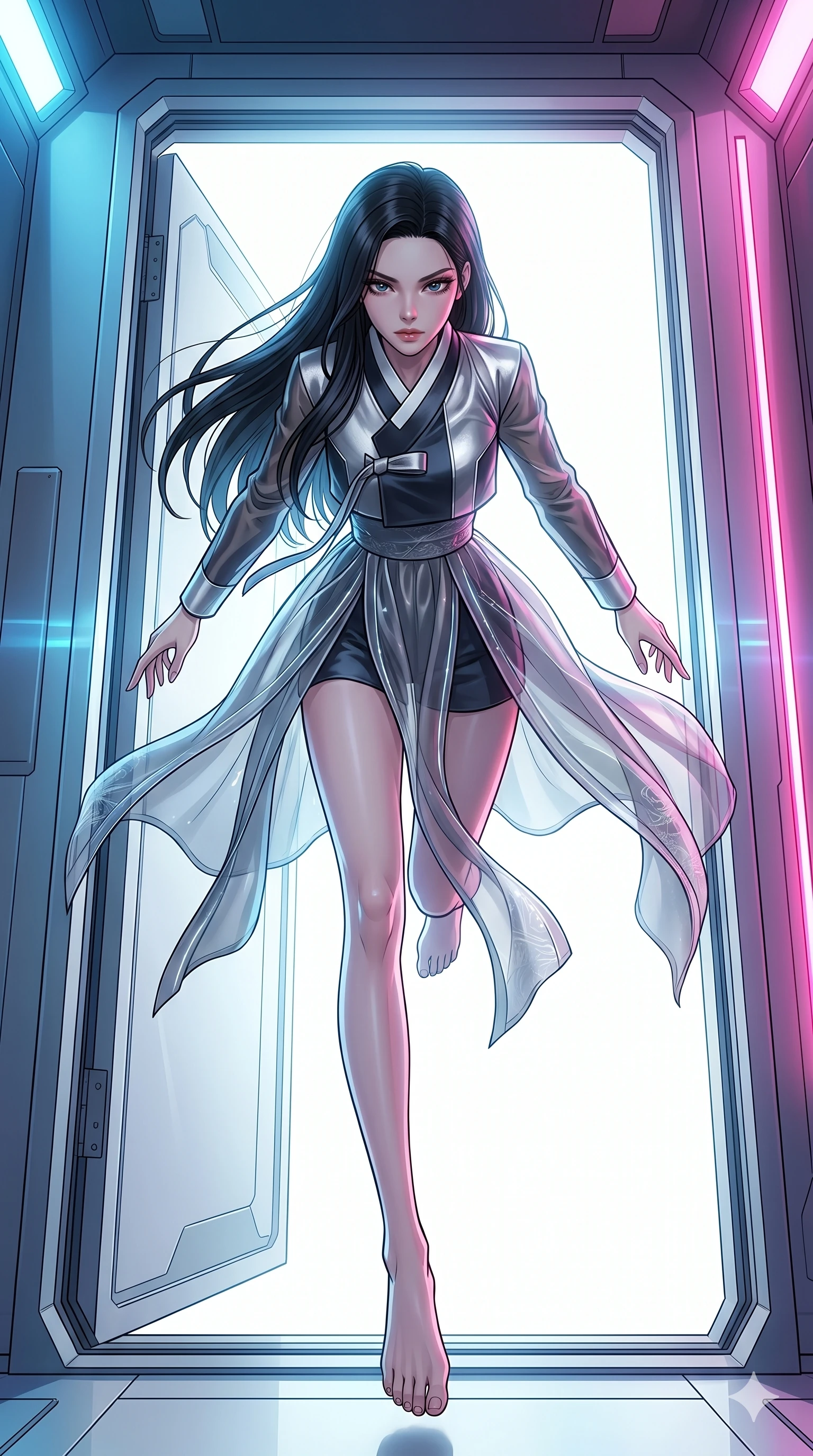 score_9, masterpiece, best quality, ultra-detailed, high-budget anime movie keyframe, cinematic anime lighting, intricate line art, Korean woman. Extreme high angle shot as she leaps towards the camera, filling the frame. looking through a doorway into a world of pure white light. She has an absolutely perfect 8-heads proportion, an exceptionally tall and slender female figure with an ultra-slim waist and impossibly long slender legs. strictly human anatomy, two legs only, no extra limbs, clearly defined legs and arms, perfect anatomy, perfect hands and fingers. sharp v-shaped jawline, high-bridge nose, intricate jewel-like eyes, thick eyelashes, glossy lips. Wearing Modern Traditional: Shortened cyber-hanbok with fusion silk robes and transparent panels. The scene is illuminated by dramatic atmospheric lighting and vibrant color palettes. , 2k, ultra detail, master piece, 9:16 ratio