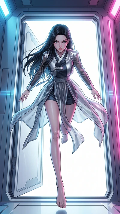 score_9, masterpiece, best quality, ultra-detailed, high-budget anime movie keyframe, cinematic anime lighting, intricate line art, Korean woman. Extreme high angle shot as she leaps towards the camera, filling the frame. looking through a doorway in