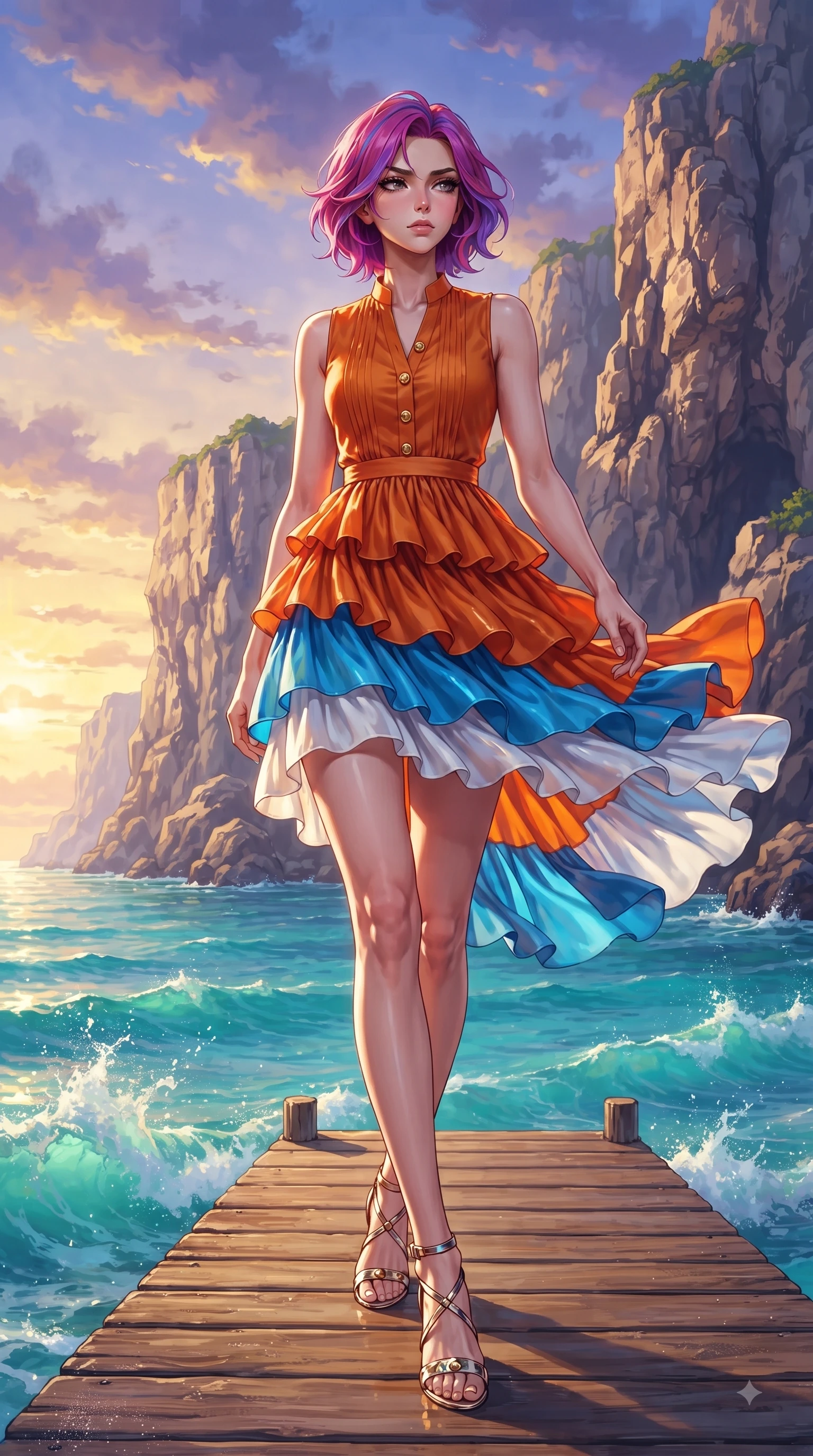 score_9, masterpiece, best quality, ultra-detailed, high-budget anime keyframe, editorial fashion photography, tasteful artistic composition, Caucasian woman. low angle full-body shot from head to toe showing her feet, filling the entire 9:16 vertical frame with her statuesque presence, stretching her vertical silhouette. Indifferent cold glance casting a disdainful side-eye from beneath long dark eyelashes with aloof confidence while walking dynamically along a wooden pier over crystal turquoise ocean waters. The surrounding environment is rendered in vivid detail and crisp panoramic clarity. dramatic sea cliff textures, splashing wave foam, and vibrant sunset sky clouds in panoramic clarity. She has an absolutely perfect, statuesque 8.5-heads proportion, an exceptionally tall and slender model-like female figure with impossibly long slender legs and an ultra-slim waist. sharp v-shaped jawline, high-bridge nose, intricate jewel-like eyes with depth, thick eyelashes, glossy lips with a natural sheen, flawlessly proportioned anatomical accuracy, natural body alignment, perfectly sculpted elegant limbs, clean dynamic posture without body distortion. wearing a vibrant burnt orange chiffon tiered dress fluttering dynamically in the breeze in electric azure blue and cloud white, tailored from crisp high-density cotton poplin, finished with gold metallic hardware buttons along the front, the form-contouring material accentuating her ultra-slim waist and long lines. surrounded by an majestic, emotional, and breathtaking coastal editorial aura. ultra-reflective glossy finish, specular highlights, metallic sheen, high-contrast stereoscopic depth, volumetric dynamic lighting, 2k, ultra detail, master piece, 9:16 ratio