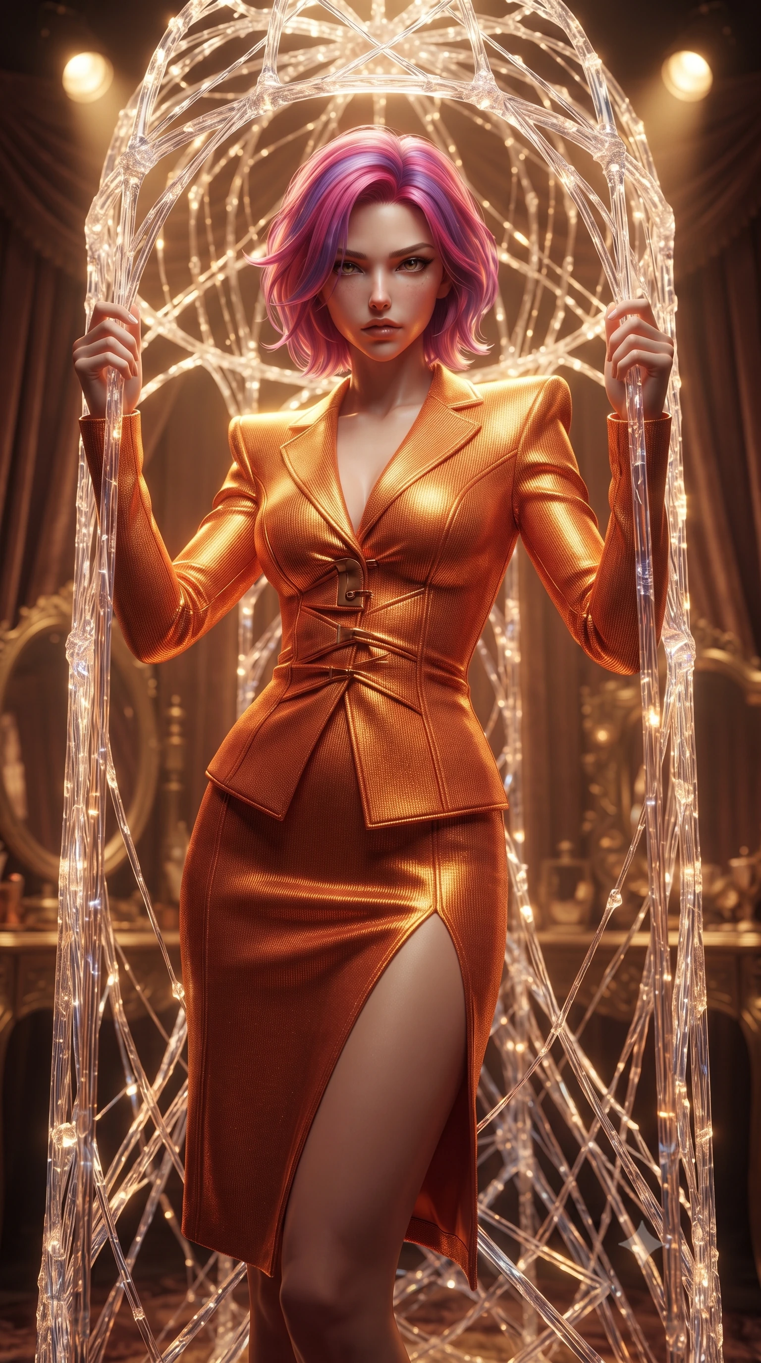score_9, masterpiece, best quality, ultra-detailed, High-budget Anime Keyframe, editorial fashion photography, tasteful artistic composition, realistic cosplay photography, Caucasian woman, strictly human ears. Low angle cowboy shot filling the entire 9:16 frame with her statuesque presence. Scenario 537: trapped in a cage of glowing crystalline fibers, her body pressing against the bars, in a velvet-lined dressing room illuminated by soft golden spotlights. Her presence is magnetic and overpowering in this high-budget cinematic scene. Outfit 537: a tailored sunset orange bodycon knit jacket featuring a high-slit skirt and structured shoulders. The clothing is designed to emphasize her exceptionally tall and slender 8-heads proportion. 8-heads proportion, towering silhouette, ultra-slim waist. sharp v-shaped jawline, intricate jewel-like eyes with depth, thick eyelashes, glossy lips. ultra-reflective glossy finish, specular highlights, metallic sheen, high-contrast stereoscopic depth, volumetric dynamic lighting, 2k, ultra detail, master piece, 9:16 ratio