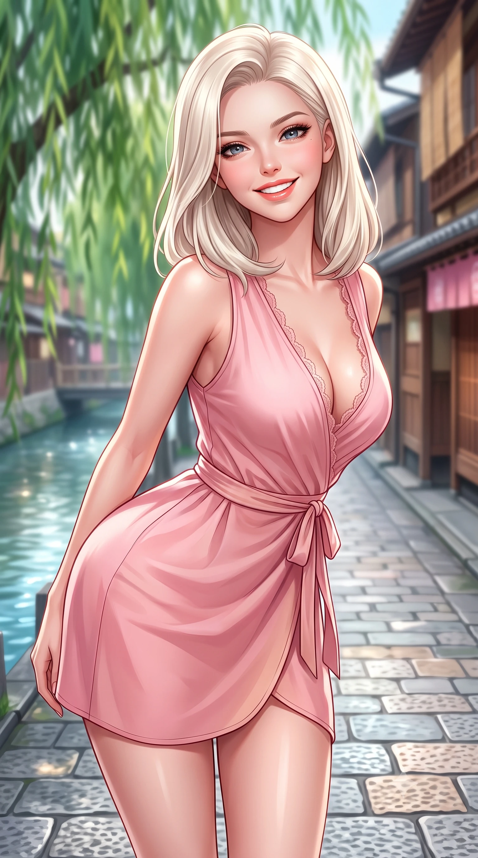 score_9, masterpiece, best quality, ultra-detailed, high-budget anime keyframe, semi-realistic 3D game render, editorial fashion photography, tasteful artistic composition, Caucasian woman. close-up cowboy shot from the waist and thighs up, the character dominates the composition, filling the frame with her large presence. leaning forward with playful cute grace while arching her lower back to accentuate her curvy hips, looking into the camera with a bright cheerful smile and alluring coquettish bedroom-eyes while standing poised on the cobblestone canal path beside historic wooden machiya teahouses, twisting her slender torso in an alluring contrapposto stance. The composition keeps background elements in soft focus with dreamy creamy bokeh. swaying emerald weeping willow branches and historic wooden teahouse facades blurred into soft jade, amber, and cherry blossom bokeh. She has an exceptionally elegant, slender, and willowy female figure with an ultra-slim waist, flat toned midriff, narrow ribcage, and sculpted feminine hips creating an alluring, slim hourglass silhouette without bulk. sharp v-shaped jawline, high-bridge nose, intricate jewel-like sparkling eyes with depth, thick eyelashes, glossy parted lips with a natural peach sheen, bright cheerful beaming smile with an enchanting and coquettish sensual glint, exuding both youthful cute charm and seductive allure, flawlessly proportioned anatomical accuracy, strict slender model proportions, natural body alignment, perfectly sculpted long slender limbs, ultra-slim waistline, clean dynamic posture without body distortion. wearing a breezy wrap mini dress with a deep V-neckline and tie-waist accentuating her sculpted flat midriff and hips in cherry blossom pink and soft rose gold, tailored from crisp cotton poplin with clean structural lines, finished with delicate lace scallop edging along the neckline, the glove-like silhouette tightly following the natural contour of her hips and long slender legs with youthful 8.5-heads elegance. illuminated by crystal water specular reflections accentuating her sculpted midriff, narrow waist, and curvy hips. highly saturated vibrant anime colors, detailed shading with soft gradients, rich glossy textures, high-contrast stereoscopic depth, volumetric dynamic lighting, master piece, 9:16 ratio