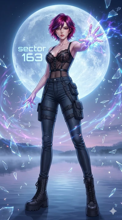 score_9, masterpiece, best quality, ultra-detailed, Set A: High-budget Anime Keyframe, Japanese woman. Upper body close-up from the thighs up, character filling the screen for maximum presence. Dancing through a virtual reality void, while a digital 