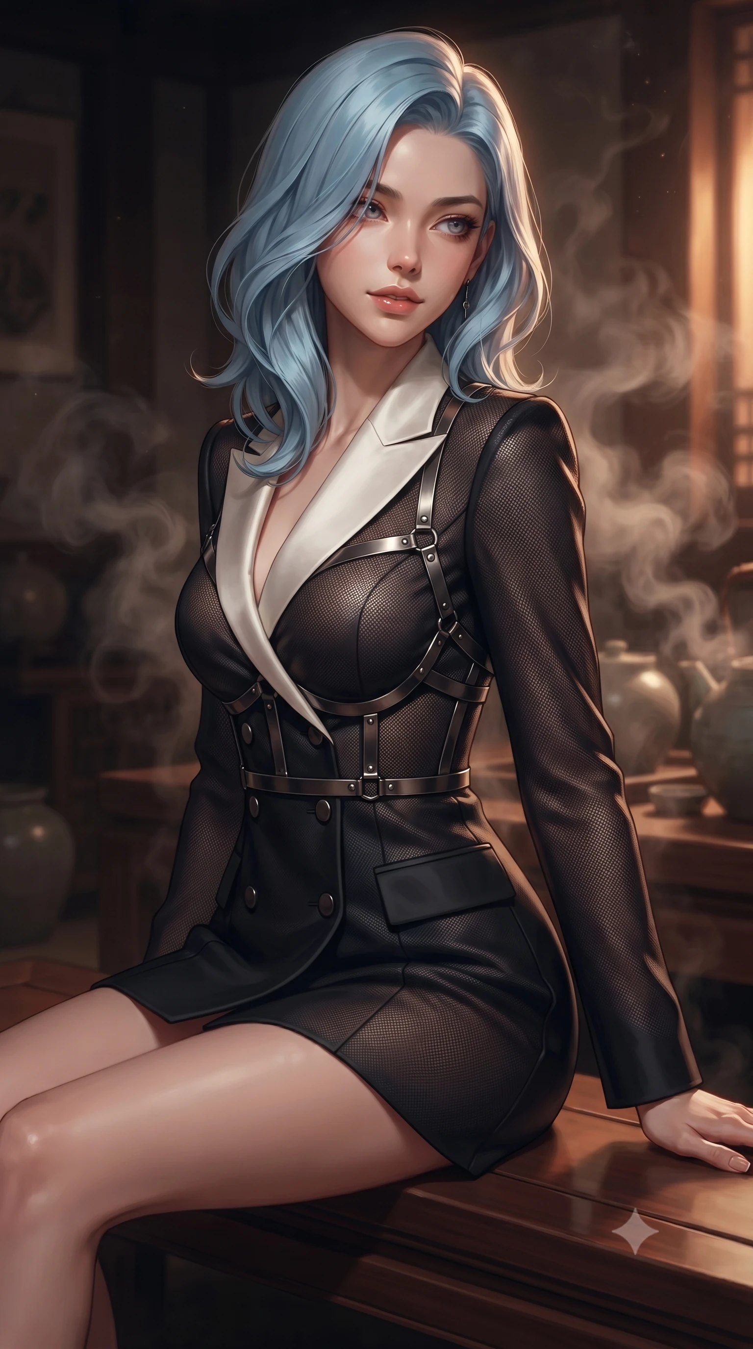 score_9, masterpiece, best quality, ultra-detailed, high-budget anime keyframe, editorial fashion photography, tasteful artistic composition, Korean woman. close-up cowboy shot from the waist and thighs up, the character dominates the composition, filling the frame with her large presence, background elements kept in soft focus. Glancing sidelong over her shoulder with a smoldering, enigmatic half-smile, poised on a polished cedar bench as soft ambient steam swirls gracefully around her, warm amber glow highlighting her sharp v-shaped jawline and glossy lips. She has an exceptionally elegant, slender, and willowy female figure with an ultra-slim waist, a gracefully sculpted slender torso, and a refined silhouette. sharp v-shaped jawline, high-bridge nose, intricate jewel-like eyes with depth, thick eyelashes, glossy lips with a natural sheen. wearing tailored double-breasted obsidian blazer dress with silk lapels in pearl white, made of fine dark contouring mesh, highlighted by a gunmetal metallic harness structure, following her slender form with tailored precision. surrounded by a moody, intimate glow with sharp specular skin highlights. highly saturated vibrant anime colors, detailed shading with soft gradients, rich glossy textures, high-contrast stereoscopic depth, volumetric dynamic lighting, master piece, 9:16 ratio