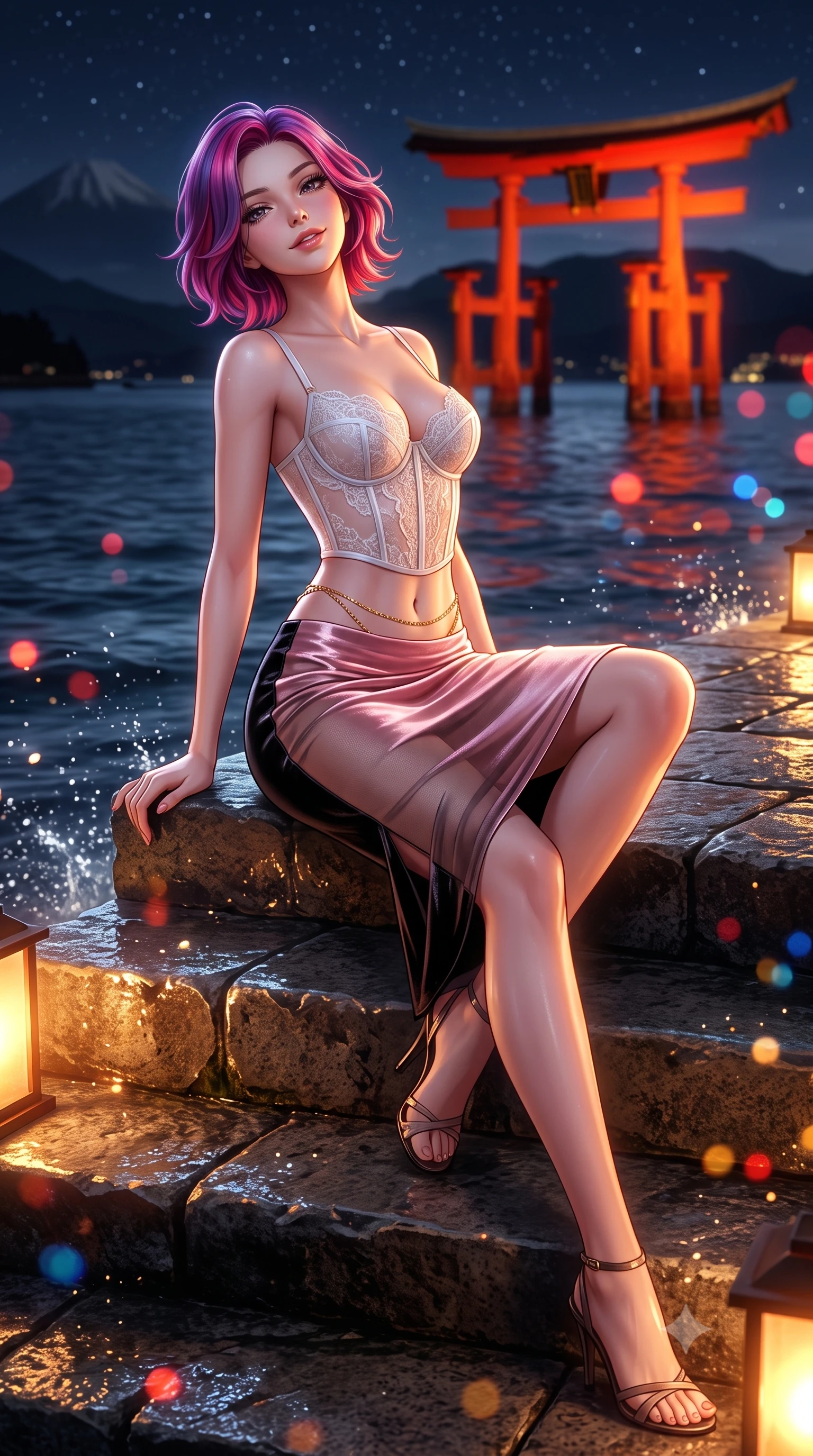 score_9, masterpiece, best quality, ultra-detailed, high-budget anime keyframe, semi-realistic 3D game render, editorial fashion photography, tasteful artistic composition, Caucasian woman. low angle full-body shot from head to toe showing her feet, filling the entire 9:16 vertical frame with her statuesque presence, stretching her vertical silhouette. sitting poised on the stone steps with one knee bent, arching her spine with supermodel elegance as she glances upward through thick eyelashes while twisting her slender torso in an alluring contrapposto stance, sea spray and lantern light caressing her flat midriff and curvy hips. The background shows a soft-focus great floating Torii gate illuminated in vermilion floodlight against dark water, silhouettes of sacred Mount Misen, and starry sky blurred into vermilion, sapphire, and gold bokeh. She has an exceptionally tall and slender model-like 8.5-heads proportion, an ultra-slim waist, a flat toned midriff, narrow delicate ribcage, and beautifully sculpted feminine hips creating a graceful, slim hourglass silhouette without any bulky heaviness, with impossibly long slender legs. sharp v-shaped jawline, high-bridge nose, intricate jewel-like sparkling eyes with depth, thick eyelashes, glossy parted lips with a natural peach sheen, bright cheerful beaming smile with an enchanting and coquettish sensual glint, exuding both youthful cute charm and seductive allure, flawlessly proportioned anatomical accuracy, strict slender model proportions, natural body alignment, perfectly sculpted long slender limbs, ultra-slim waistline, clean dynamic posture without body distortion. wearing a sculpted underwire corset in sheer frost-white Chantilly lace paired with a high-waisted sheer mesh pencil skirt with back slit in Kyoto moonlit sakura blush and polished urushi black, tailored from ultra-plush silk velvet with rich tactile depth and deep shadow gradients, accented with a dainty gold belly chain resting across her flat midriff and curving hips, the second-skin tailored fabric adhering flawlessly to her sculpted flat midriff and slender torso, emphasizing her long leg lines and perfectly proportioned willowy build. bathed in the golden-and-vermilion architectural floodlights of the Torii gate mixed with cool silver moonlit sea fill. highly saturated vibrant anime colors, detailed shading with soft gradients, rich glossy textures, high-contrast stereoscopic depth, volumetric dynamic lighting, master piece, 9:16 ratio