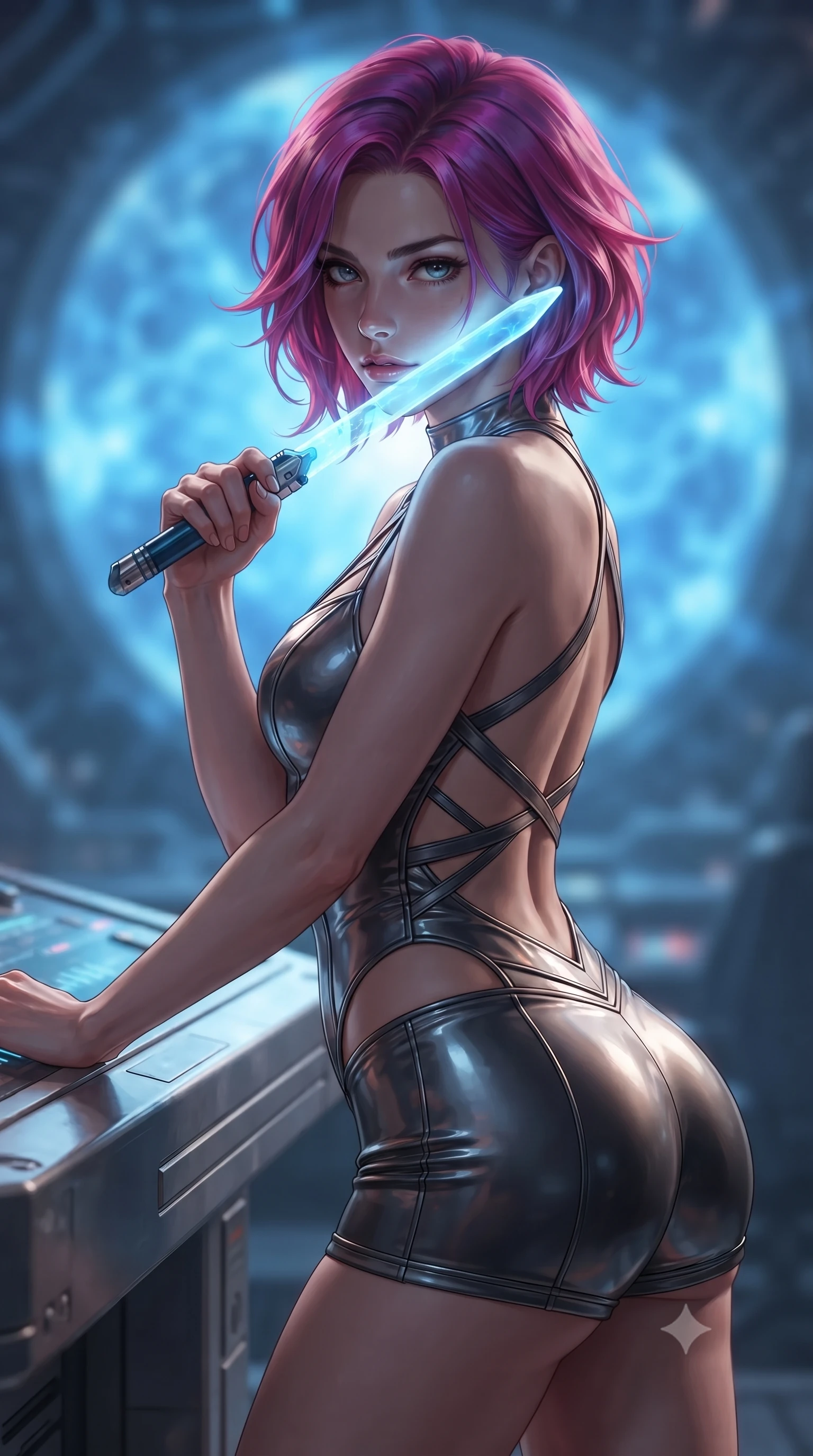 score_9, masterpiece, best quality, ultra-detailed, high-budget anime keyframe, editorial fashion photography, tasteful artistic composition, Caucasian woman. close-up cowboy shot from the waist and thighs up, the character dominates the composition, filling the frame with her large presence, background elements kept in soft focus. pressing the flat side of a glowing vibro-blade against her cheek, locking eyes with the viewer with bedroom-eyes, the background shows a soft-focus a spaceship engine room viewing deck facing a pulsating gravity core. She has an exceptionally elegant, slender, and willowy female figure with an ultra-slim waist, a gracefully sculpted slender torso, and a refined silhouette. sharp v-shaped jawline, high-bridge nose, intricate jewel-like eyes with depth, thick eyelashes, glossy lips with a natural sheen. wearing a form-contouring backless halter-neck combat top with criss-cross strapping, paired with carbon-alloy micro-shorts. shifting blue plasma flares from the core casting high-contrast chiaroscuro shadows. ultra-reflective glossy finish, specular highlights, metallic sheen, high-contrast stereoscopic depth, volumetric dynamic lighting, 2k, ultra detail, master piece, 9:16 ratio