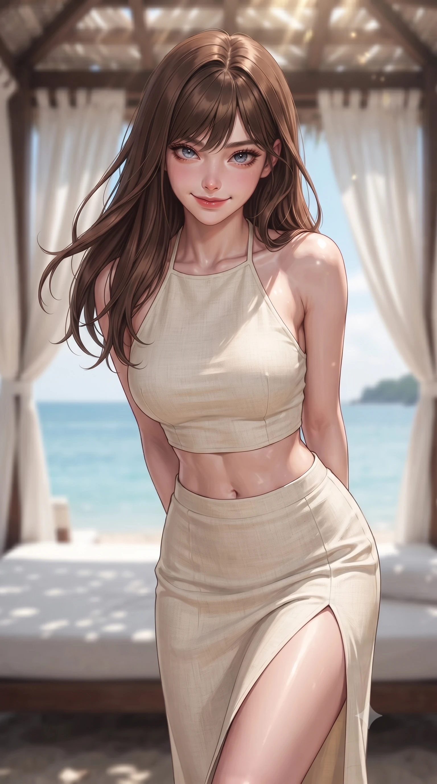 score_9, masterpiece, best quality, ultra-detailed, high-budget anime keyframe, editorial fashion photography, tasteful artistic composition, Korean woman woman. close-up cowboy shot from the waist and thighs up, the character dominates the composition, filling the frame with her large presence, background elements kept in soft focus. leaning slightly forward with a playful, teasing smile, her gaze locked onto the viewer the background shows a soft-focus a private beach cabana with white fabric curtains, overlooking a serene blue lagoon. She has an exceptionally elegant, slender, and willowy female figure with an ultra-slim waist, a gracefully sculpted slender torso, and a refined silhouette. sharp v-shaped jawline, high-bridge nose, intricate jewel-like eyes with depth, thick eyelashes, glossy lips with a natural sheen. wearing a body-hugging linen halter-neck crop top paired with a matching high-slit midi skirt, revealing a sculpted midriff. dappled afternoon sunbeams filtering through the cabana roof onto her form. ultra-reflective glossy finish, specular highlights, metallic sheen, high-contrast stereoscopic depth, volumetric dynamic lighting, 2k, ultra detail, master piece, 9:16 ratio