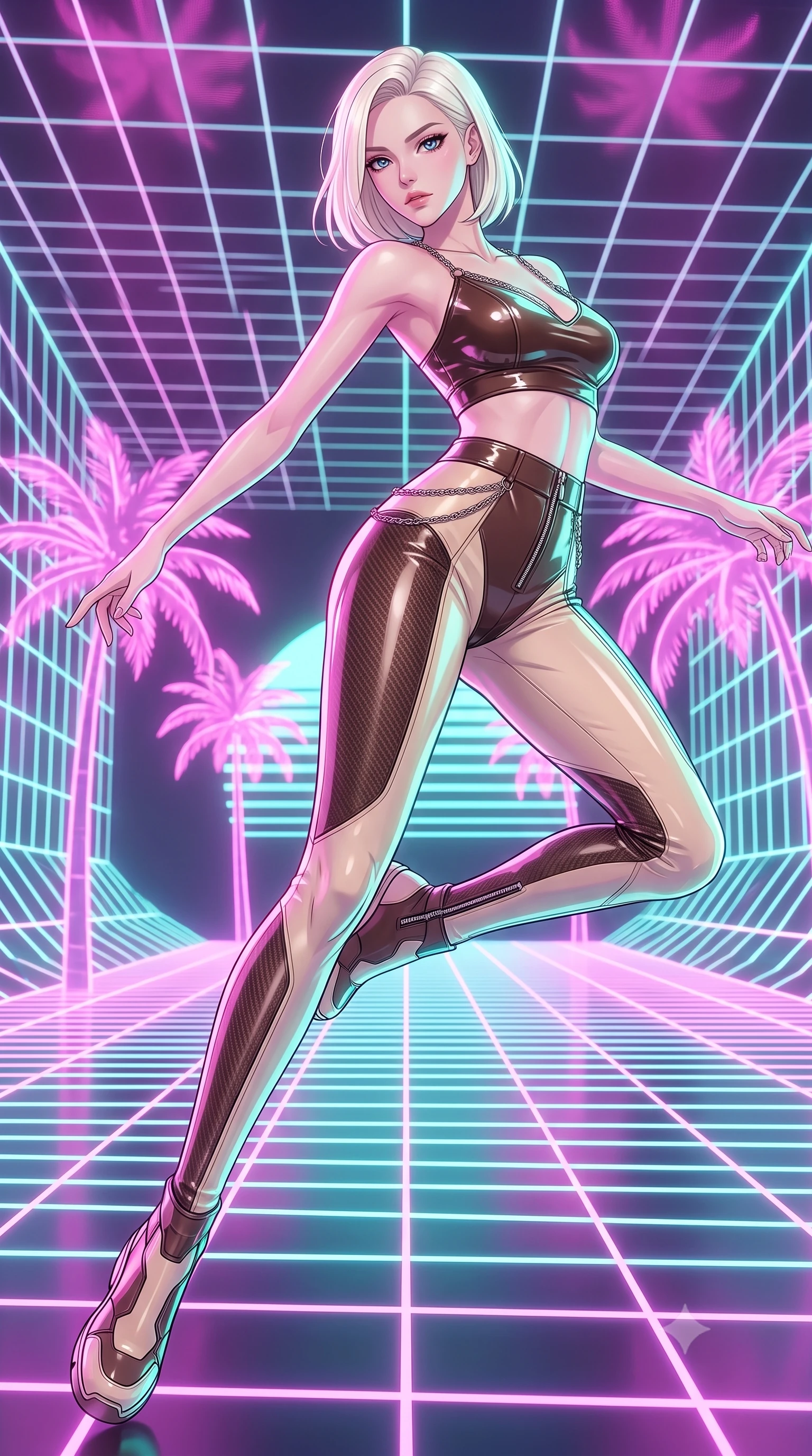 score_9, masterpiece, best quality, ultra-detailed, high-budget anime keyframe, editorial fashion photography, tasteful artistic composition, Caucasian woman. low angle full-body shot from head to toe showing her feet, filling the entire 9:16 vertical frame with her statuesque presence, stretching her vertical silhouette. pivoting dynamically in zero-gravity with fluid body alignment, displaying her perfect model proportions while leaping across a synthwave grid floor surrounded by lo-fi pink neon palm trees, lo-fi synthwave grid patterns running across floor and ceiling in neon pink. She has an absolutely perfect, statuesque 8.5-heads proportion, an exceptionally tall and slender model-like female figure with impossibly long slender legs and an ultra-slim waist. sharp v-shaped jawline, high-bridge nose, intricate jewel-like eyes with depth, thick eyelashes, glossy lips with a natural sheen, flawlessly proportioned anatomical accuracy, natural body alignment, perfectly sculpted elegant limbs, clean dynamic posture without body distortion. wearing a glossy vinyl crop top and high-waist tailored leggings with sleek zippers in espresso brown and warm cream, made of fine carbon-fiber weave and soft matte leather, adorned with delicate metallic chain straps along the neckline, the tailored fabric tightly following every curve of her athletic build. bathed in soft pastel pink and turquoise neon glow with glossy chrome reflections. highly saturated vibrant anime colors, detailed shading with soft gradients, rich glossy textures, high-contrast stereoscopic depth, volumetric dynamic lighting, master piece, 9:16 ratio
