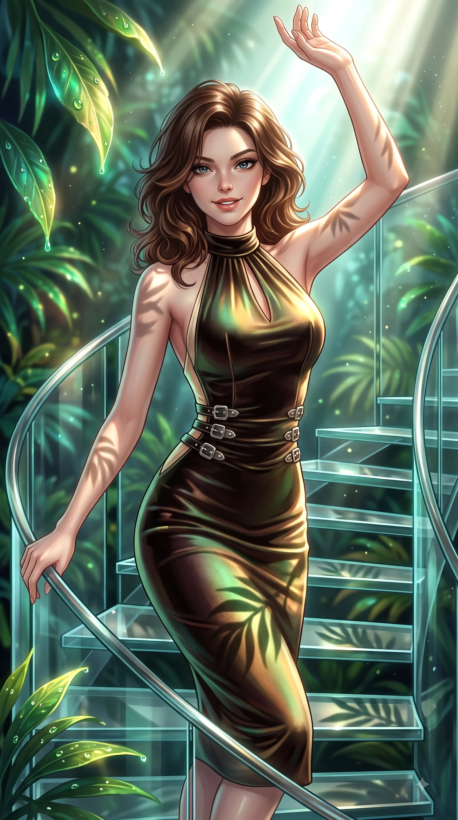 score_9, masterpiece, best quality, ultra-detailed, high-budget anime keyframe, editorial fashion photography, tasteful artistic composition, Korean woman. close-up cowboy shot from the waist and thighs up, the character dominates the composition, filling the frame with her large presence, background elements kept in soft focus. Extending one arm in an elegant stretch toward the light while smiling with magnetic self-assurance while ascending a vertical glass spiral staircase enveloped by tropical volumetric sunbeams, dewdrops on bioluminescent leaves reflecting vibrant emerald and gold highlights. She has an exceptionally elegant, slender, and willowy female figure with an ultra-slim waist, a gracefully sculpted slender torso, and a refined silhouette. sharp v-shaped jawline, high-bridge nose, intricate jewel-like eyes with depth, thick eyelashes, glossy lips with a natural sheen, flawlessly proportioned anatomical accuracy, natural body alignment, perfectly sculpted elegant limbs, clean dynamic posture without body distortion. wearing a velvet halter-neck midi dress following her form like a glove in espresso brown and warm cream, crafted from iridescent chiffon that shifts colors in the light, detailed with polished silver buckles along the waistline, the sleek second-skin texture accentuating her magnetic presence. illuminated by brilliant sunbeams casting organic leaf stencil shadows. ultra-reflective glossy finish, specular highlights, metallic sheen, high-contrast stereoscopic depth, volumetric dynamic lighting, 2k, ultra detail, master piece, 9:16 ratio