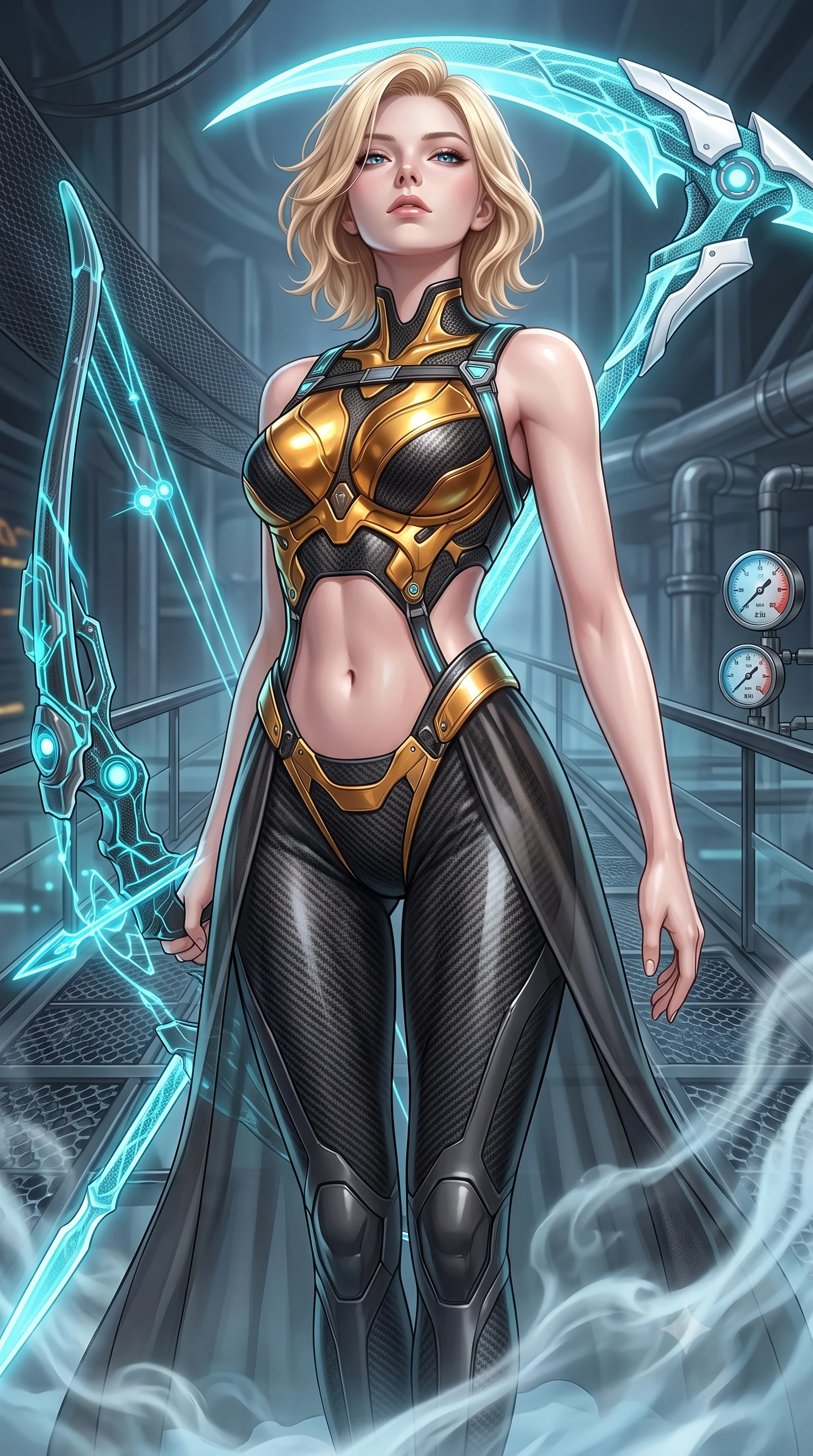 score_9, masterpiece, best quality, ultra-detailed, high-budget anime keyframe, semi-realistic 3D game render, editorial fashion photography, tasteful artistic composition, Caucasian woman. close-up cowboy shot from the waist and thighs up, the character dominates the composition, filling the frame with her large presence. tilting her head back with serene regal elegance, her sharp jawline and sculpted collarbones highlighted by glowing weapon energy reflections while resting her holographic bow with calm sovereign authority as swirling coolant mist flows around her slender ankles. The surrounding environment is rendered in vivid detail and crisp panoramic clarity. intricate carbon armor joint mesh, glass bridge reflections, and coolant pipe pressure gauges in high resolution. She has an exceptionally elegant, slender, and willowy female figure with an ultra-slim waist, a gracefully sculpted slender torso, toned flat midriff, and a refined slim silhouette. sharp v-shaped jawline, high-bridge nose, intricate jewel-like eyes with depth, thick eyelashes, glossy lips with a natural sheen, flawlessly proportioned anatomical accuracy, strict slender model proportions, natural body alignment, perfectly sculpted long slender limbs, ultra-slim waistline, clean dynamic posture without body distortion. wearing a sculpted molten-gold and dark carbon cuirass paired with high-mobility combat leggings and sheer side drapes, wielding a glowing plasma energy scythe with fluid grace in glacial ice-cyan carbon mesh with pure white armor plates, crafted from ultra-strong woven carbon-fiber composite with a satin luster, reinforced by a sleek titanium tactical harness and glowing micro-energy straps, the sleek second-skin cut tightly hugging her graceful clavicle, narrow waist, and feminine curves with athletic precision. surrounded by a sacred, mystical, and breathtakingly powerful high-tech archer goddess atmosphere. rich saturated anime colors with glowing neon highlights, detailed shading with soft gradients, rich glossy textures, high-contrast stereoscopic depth, volumetric dynamic lighting, master piece, 9:16 ratio