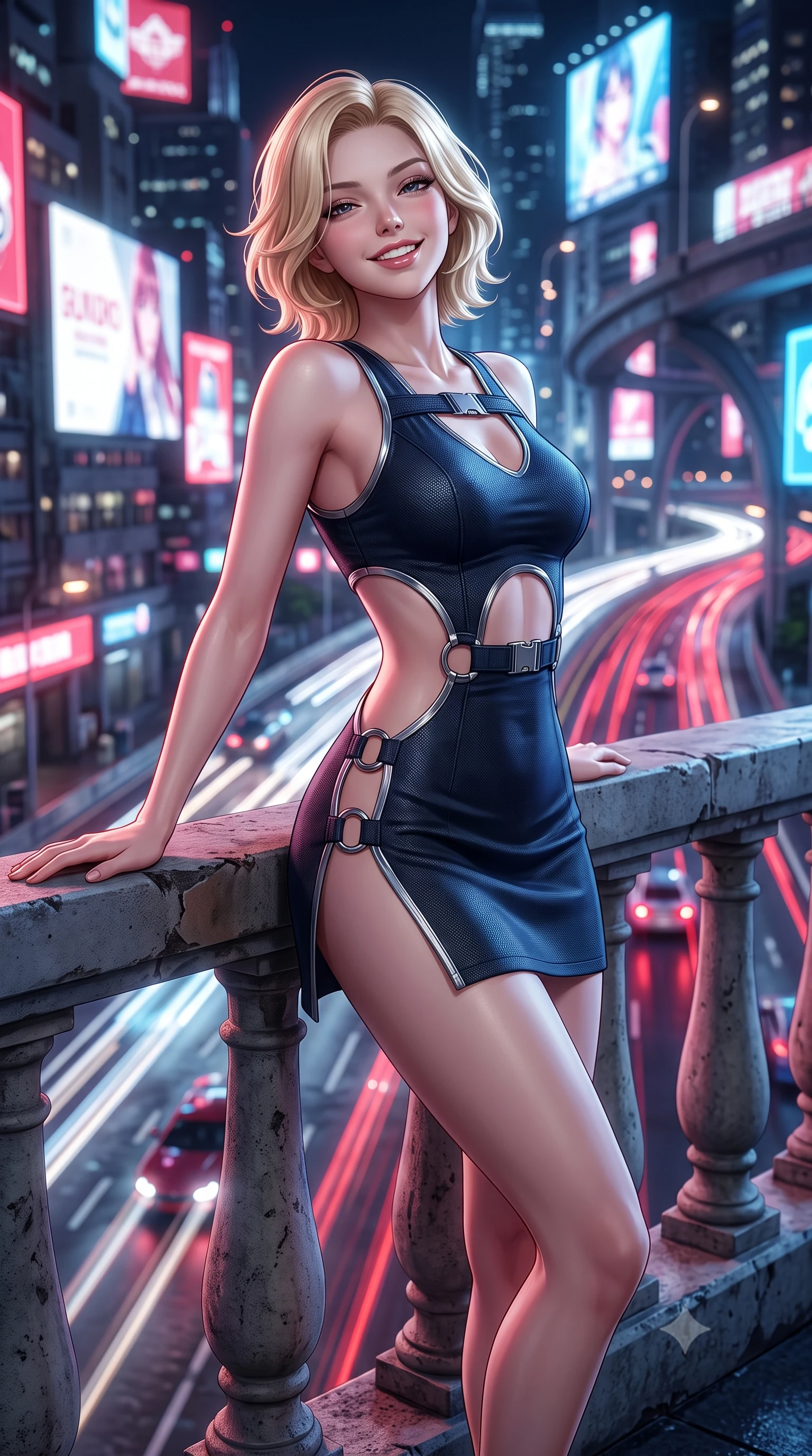 score_9, masterpiece, best quality, ultra-detailed, high-budget anime keyframe, semi-realistic 3D game render, editorial fashion photography, tasteful artistic composition, Caucasian woman. close-up cowboy shot from the waist and thighs up, the character dominates the composition, filling the frame with her large presence. leaning back against the balustrade with relaxed seductive grace, head tilted back slightly while casting a hypnotic, heavy-lidded gaze while standing poised on the high concrete freeway abutment high above rushing streams of hovering aerocars, arching her back with breathtaking anime heroine charisma. The background shows a soft-focus streaks of multi-tiered flying car headlights, massive 3D anime holographic billboards, and rain-slicked highway arches blurred into ruby, white, and electric blue bokeh. She has an exceptionally elegant, slender, and willowy female figure with an ultra-slim waist, flat toned midriff, narrow ribcage, and sculpted feminine hips creating an alluring, slim hourglass silhouette without bulk. sharp v-shaped jawline, high-bridge nose, intricate jewel-like sparkling eyes with depth, thick eyelashes, glossy parted lips with a natural peach sheen, bright cheerful beaming smile with an enchanting and coquettish sensual glint, exuding both youthful cute charm and seductive allure, flawlessly proportioned anatomical accuracy, strict slender model proportions, natural body alignment, perfectly sculpted long slender limbs, ultra-slim waistline, clean dynamic posture without body distortion. wearing a provocative open-waist combat cutout mini dress framed by polished chrome ring hardware and thigh-high slit in tactical carbon navy and polished chrome, tailored from high-density tech-wool with subtle metallic thread weave, finished with sleek magnetic buckle closures fluttering in the breeze, the form-contouring silhouette accentuating her sculpted flat midriff, narrow delicate ribcage, and gracefully curvy hips with intoxicating allure. bathed in the continuous dynamic red-and-white illumination of flowing vehicle light trails mixed with neon billboard glow. highly saturated vibrant anime colors, detailed shading with soft gradients, rich glossy textures, high-contrast stereoscopic depth, volumetric dynamic lighting, master piece, 9:16 ratio