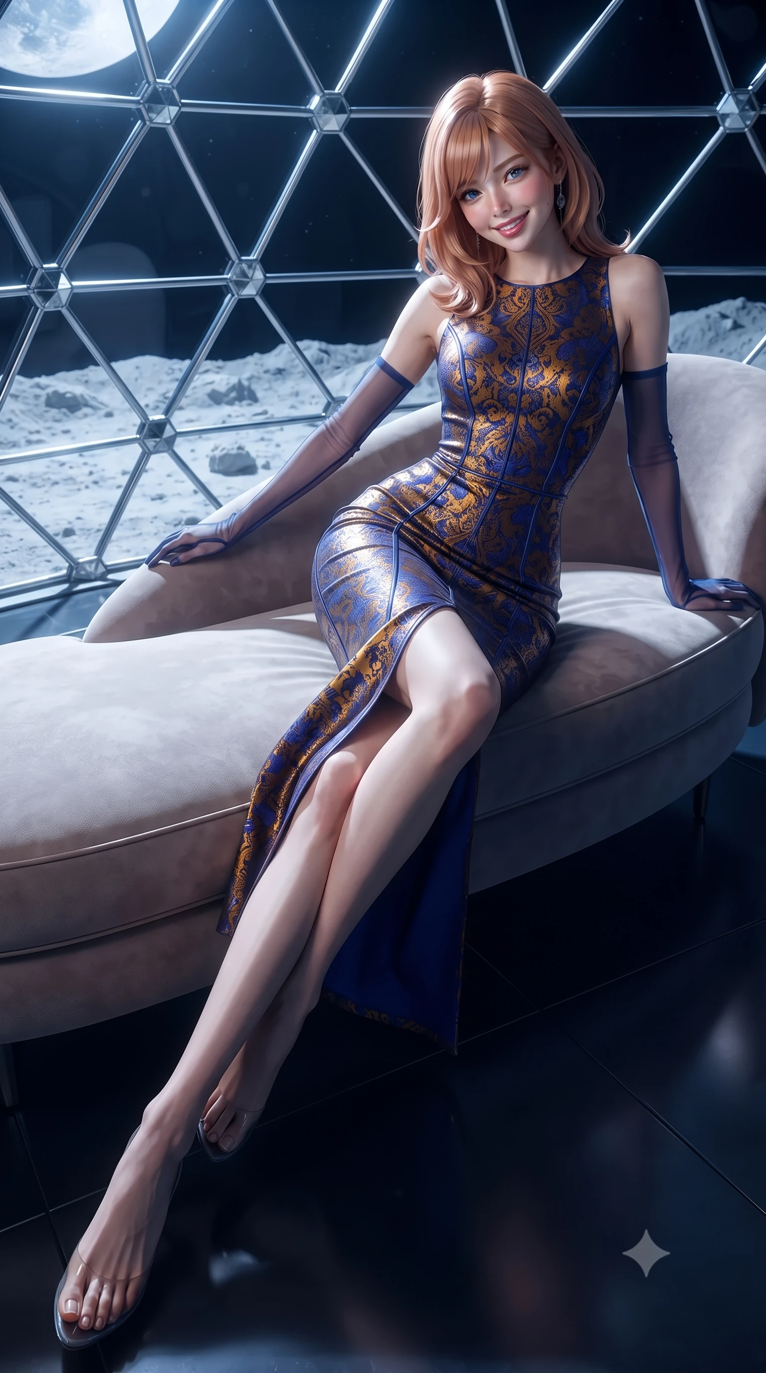 score_9, masterpiece, best quality, ultra-detailed, high-budget anime keyframe, editorial fashion photography, tasteful artistic composition, Japanese woman. low angle full-body shot from head to toe showing her feet, filling the entire 9:16 vertical frame with her statuesque presence, stretching her vertical silhouette. reclining gracefully across the plush chaise lounge with one leg extended, her sculpted silhouette and flat midriff radiating magnetic nocturnal glamour while sitting gracefully on the sculpted moon-rock bench with legs crossed, flashing an enchanting smile with parted glossy lips. The surrounding environment is rendered in vivid detail and crisp panoramic clarity: sharp faceted geodesic glass node brackets, pristine lunar regolith texture outside, and polished lunar glass tiles inside in deep focus. She has an exceptionally tall and slender model-like 8.5-heads proportion, an ultra-slim waist, a flat toned midriff, narrow delicate ribcage, and beautifully sculpted feminine hips creating a graceful, slim hourglass silhouette without any bulky heaviness, with impossibly long slender legs. sharp v-shaped jawline, high-bridge nose, intricate jewel-like sparkling eyes with depth, thick eyelashes, glossy parted lips with a natural peach sheen, bright cheerful beaming smile with an enchanting and coquettish sensual glint, exuding both youthful cute charm and seductive allure, flawlessly proportioned anatomical accuracy, strict slender model proportions, natural body alignment, perfectly sculpted long slender limbs, ultra-slim waistline, clean dynamic posture without body distortion. wearing a sculpted second-skin neoprene column gown with subtle architectural seam lines accentuating her curves in Jovian amber and electric storm cobalt, woven from structured carbon-fiber jacquard with rich textural depth, complemented by sheer opera-length evening gloves tracing her slender arms, the glove-like clinging cut tightly following the natural contour of her hips and long slender legs with youthful 8.5-heads elegance. bathed in the cool high-contrast cobalt-and-white Earthlight combined with warm 2800K dome interior reading lamps. ultra-reflective glossy finish, specular highlights, rich textural contrasts, high-contrast stereoscopic depth, volumetric dynamic lighting, 2k, ultra detail, master piece, 9:16 ratio