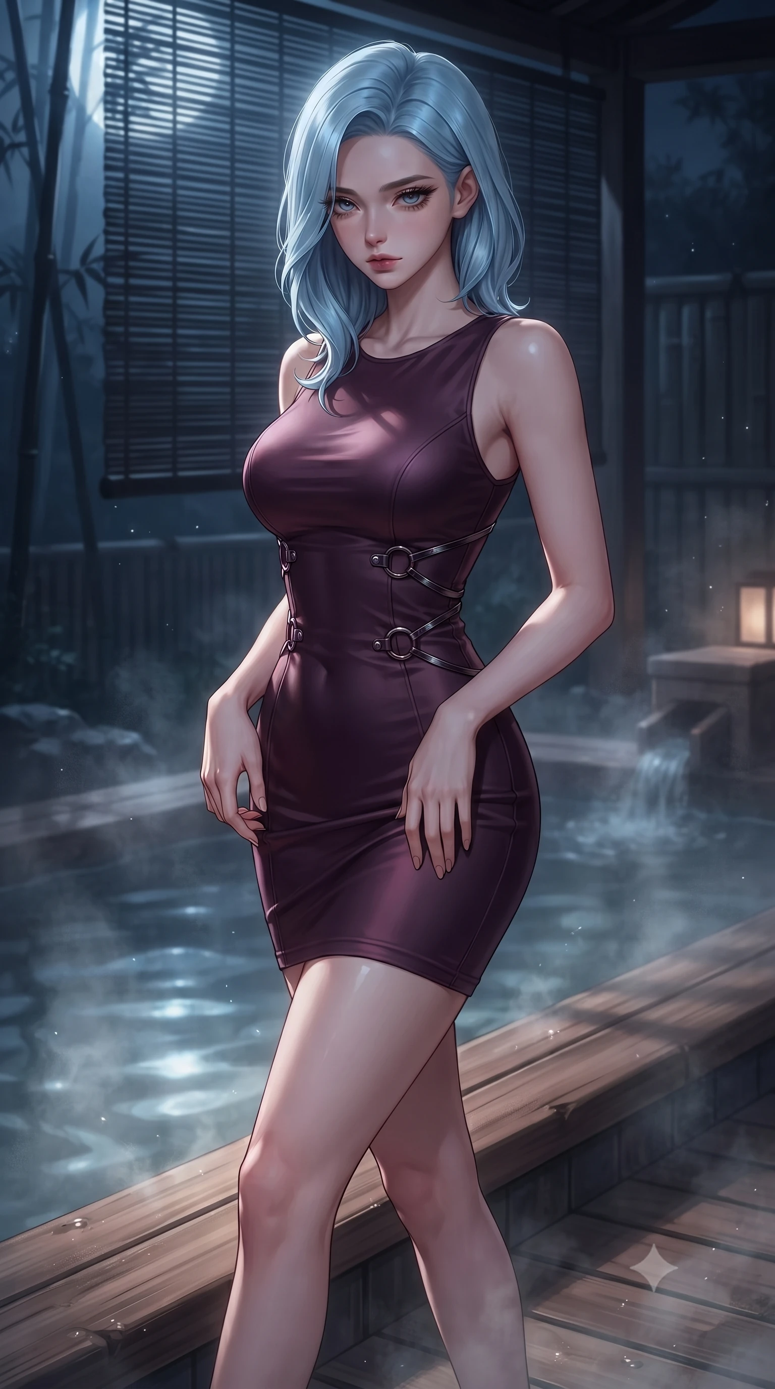 score_9, masterpiece, best quality, ultra-detailed, high-budget anime keyframe, editorial fashion photography, tasteful artistic composition, Korean woman. close-up cowboy shot from the waist and thighs up, the character dominates the composition, filling the frame with her large presence, background elements kept in soft focus. Casting a slow, direct gaze beneath heavy lashes with quiet intensity, stepping gracefully onto a warm cedar walkway surrounded by steaming thermal water, dark bamboo screen filtering soft silver moonlight into delicate shadow stripes. She has an exceptionally elegant, slender, and willowy female figure with an ultra-slim waist, a gracefully sculpted slender torso, and a refined silhouette. sharp v-shaped jawline, high-bridge nose, intricate jewel-like eyes with depth, thick eyelashes, glossy lips with a natural sheen. wearing aerodynamic second-skin dark silver metallic bodycon dress in dark plum violet, made of soft crimson satin, trimmed with dark chrome ring hardware along the waist contours, contouring every curve with an exceptionally elegant silhouette. surrounded by a moody nocturnal spa glow with sharp water specular glints. highly saturated vibrant anime colors, detailed shading with soft gradients, rich glossy textures, high-contrast stereoscopic depth, volumetric dynamic lighting, master piece, 9:16 ratio