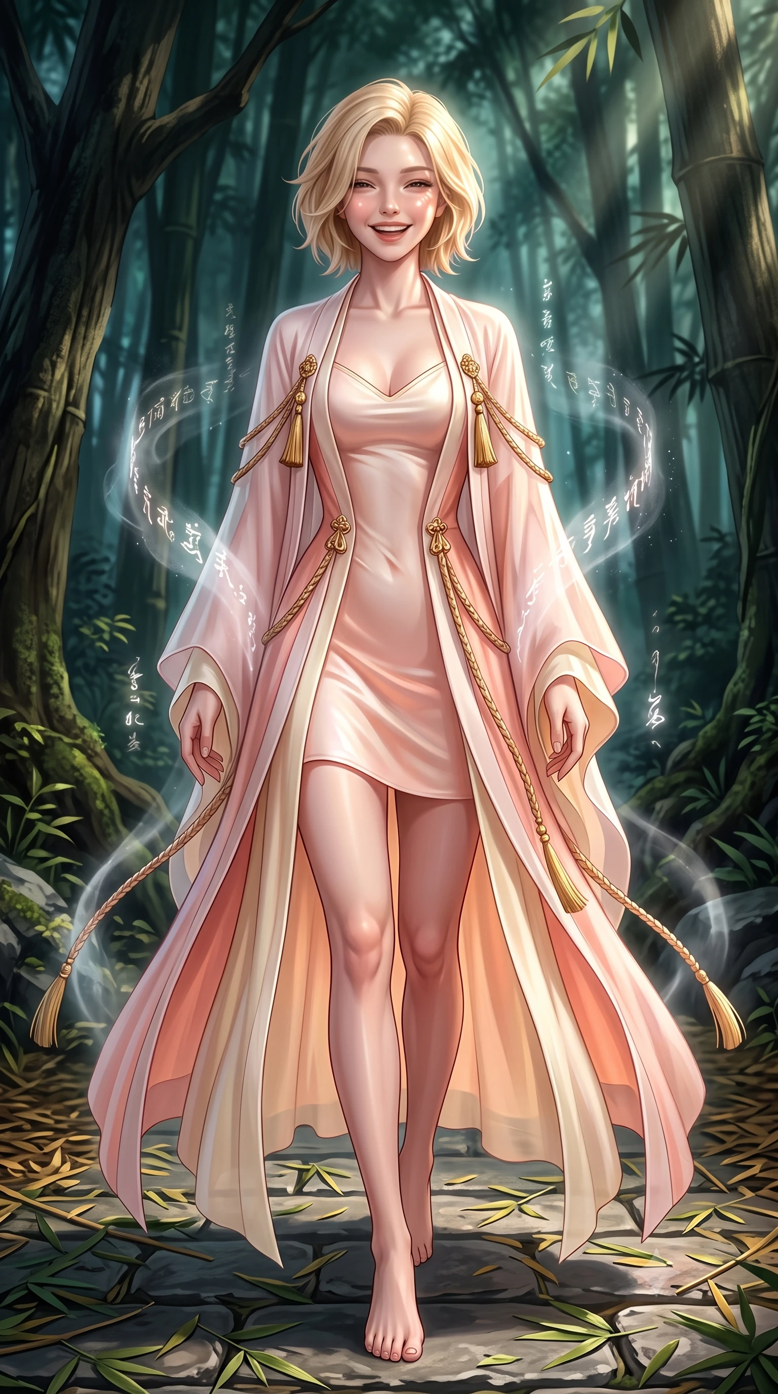 score_9, masterpiece, best quality, ultra-detailed, high-budget anime keyframe, semi-realistic 3D game render, editorial fashion photography, tasteful artistic composition, Caucasian woman. close-up cowboy shot from the waist and thighs up, the character dominates the composition, filling the frame with her large presence. laughing softly with genuine, enchanting warmth, eyes crinkling sweetly as specular highlights illuminate her cheeks while striding along a stone path covered in fallen bamboo leaves with effortless, otherworldly supernatural balance. The surrounding environment is rendered in vivid detail and crisp panoramic clarity. deep mystical forest chiaroscuro and sacred woodland spirit sanctuary aesthetics rendered in precision. She has an exceptionally elegant, slender, and willowy female figure with an ultra-slim waist, a gracefully sculpted slender torso, toned flat midriff, and a refined slim silhouette. sharp v-shaped jawline, high-bridge nose, intricate jewel-like eyes with depth, thick eyelashes, glossy lips with a natural sheen, captivating and magnetic expression, flawlessly proportioned anatomical accuracy, strict slender model proportions, natural body alignment, perfectly sculpted long slender limbs, ultra-slim waistline, clean dynamic posture without body distortion. wearing an ethereal moon-goddess gossamer robe worn over a form-contouring pearlescent silk slip in soft peach blossom pink and warm ivory, tailored from crisp ceremonial cotton and multi-layered translucent chiffon, accessorized with delicate gold bell tassels and braided silk cords, the form-contouring material adhering flawlessly to her sculpted flat midriff and slender torso, emphasizing her long leg lines and perfectly proportioned willowy build. surrounded by an enchanting, mysterious, and captivating oriental spirit sorceress aura. highly saturated vibrant anime colors, detailed shading with soft gradients, rich glossy textures, high-contrast stereoscopic depth, volumetric dynamic lighting, master piece, 9:16 ratio