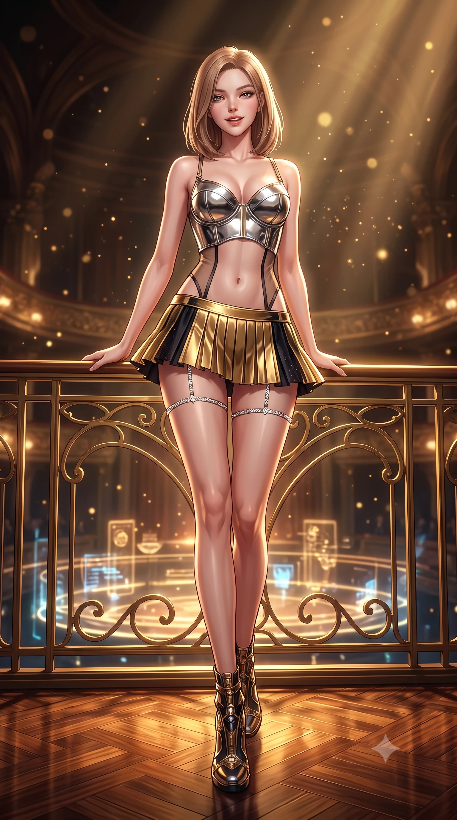score_9, masterpiece, best quality, ultra-detailed, high-budget anime keyframe, semi-realistic 3D game render, editorial fashion photography, tasteful artistic composition, Korean woman. low angle full-body shot from head to toe showing her feet, filling the entire 9:16 vertical frame with her statuesque presence, stretching her vertical silhouette. stepping forward in a confident stride, her long slender legs and curvaceous hips creating a dynamic, sweeping vertical line while leaning against the gold-filigree cybernetic opera box balustrade with hips cocked back, gazing down at the holographic orchestra pit with smoldering bedroom-eyes. The background shows a soft-focus golden dust particles shimmering in spotlight beams softened in grand cyber-baroque opera house shallow focus. She has an exceptionally tall and slender model-like 8.5-heads proportion, an ultra-slim waist, a flat toned midriff, narrow delicate ribcage, and beautifully sculpted feminine hips creating a graceful, slim hourglass silhouette without any bulky heaviness, with impossibly long slender legs. sharp v-shaped jawline, high-bridge nose, intricate jewel-like sparkling eyes with depth, thick eyelashes, glossy parted lips with a natural peach sheen, bright cheerful beaming smile with an enchanting and coquettish sensual glint, exuding both youthful cute charm and seductive allure, flawlessly proportioned anatomical accuracy, strict slender model proportions, natural body alignment, perfectly sculpted long slender limbs, ultra-slim waistline, clean dynamic posture without body distortion. wearing a chrome-plated structured underwire bustier top paired with an ultra-short low-rise pleated micro mini skirt in singularity accretion gold and deep space void black, featuring strategic sheer-illusion tulle side panels framing her ribcage and hips, finished with delicate crystal-encrusted thigh garter straps glinting in the dim light, the liquid-tight tailored fabric clinging flawlessly to her narrow waist and rounded feminine hips, emphasizing every millimeter of her sculpted slim hourglass curves without any bulky heaviness. illuminated by polished parquet reflection bounce and sharp gold-plasma rim lights sculpting her jawline, narrow waist, and curvy hips. highly saturated vibrant anime colors, detailed shading with soft gradients, rich glossy textures, high-contrast stereoscopic depth, volumetric dynamic lighting, master piece, 9:16 ratio