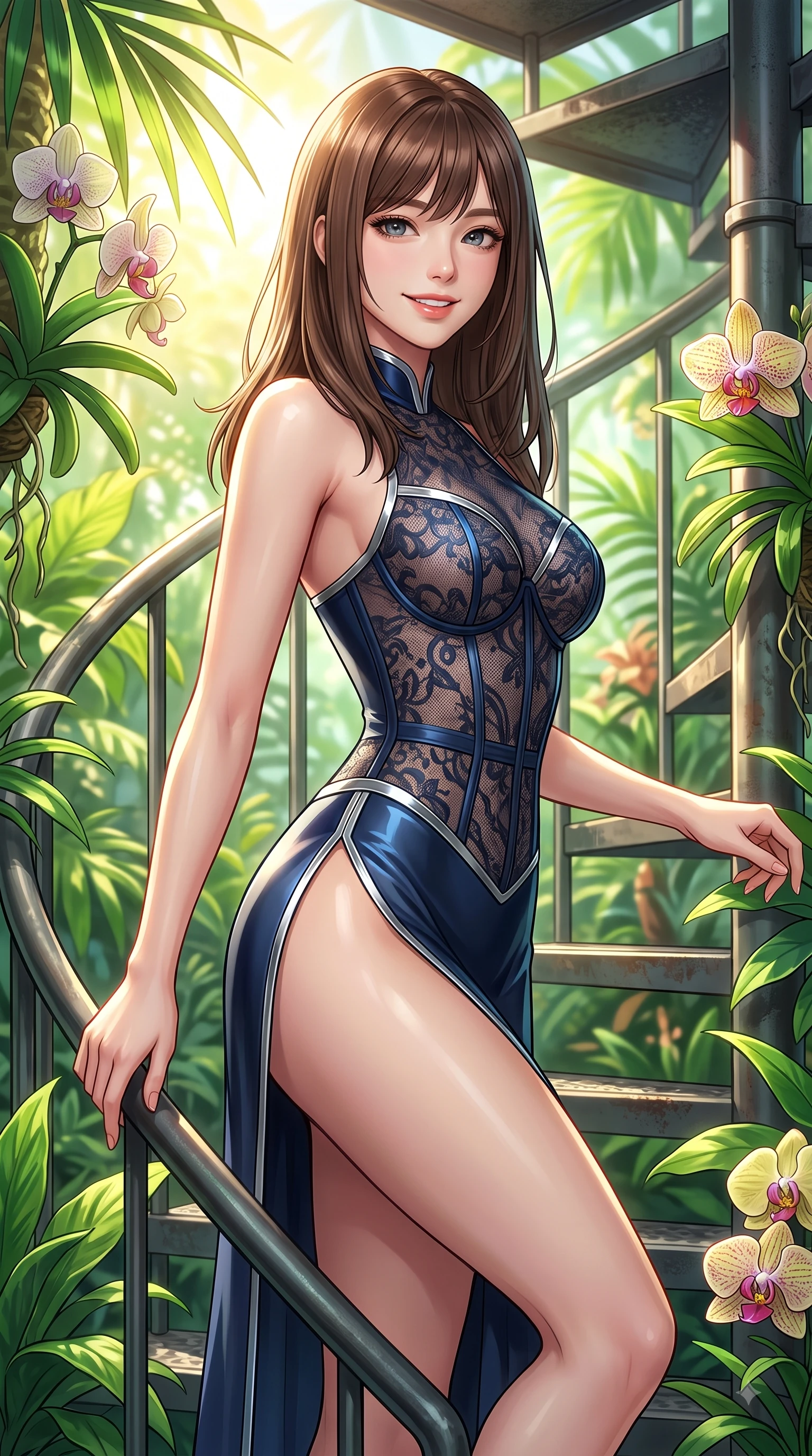 score_9, masterpiece, best quality, ultra-detailed, high-budget anime keyframe, editorial fashion photography, tasteful artistic composition, Korean woman. close-up cowboy shot from the waist and thighs up, the character dominates the composition, filling the frame with her large presence, background elements kept in soft focus. Youthful bright smile exuding pure cute charm and fresh energy, her torso turning dynamically into the lens while ascending a spiral iron staircase enveloped by sunlit tropical foliage and exotic orchids, rich emerald, jade, and lime green plant textures framing her youthful posture. She has an exceptionally elegant, slender, and willowy female figure with an ultra-slim waist, a gracefully sculpted slender torso, and a refined silhouette. sharp v-shaped jawline, high-bridge nose, intricate jewel-like eyes with depth, thick eyelashes, glossy lips with a natural sheen, flawlessly proportioned anatomical accuracy, natural body alignment, perfectly sculpted elegant limbs, clean dynamic posture without body distortion. wearing a sheer dark lace pattern bodysuit with structured corsetry boning in midnight navy blue and chrome trim, formed from sleek second-skin neoprene, finished with a sleek side slit ascending to mid-thigh, the glove-like fit emphasizing her statuesque silhouette during motion. bathed in brilliant golden sunlight and fresh green botanical ambient glow. highly saturated vibrant anime colors, detailed shading with soft gradients, rich glossy textures, high-contrast stereoscopic depth, volumetric dynamic lighting, master piece, 9:16 ratio