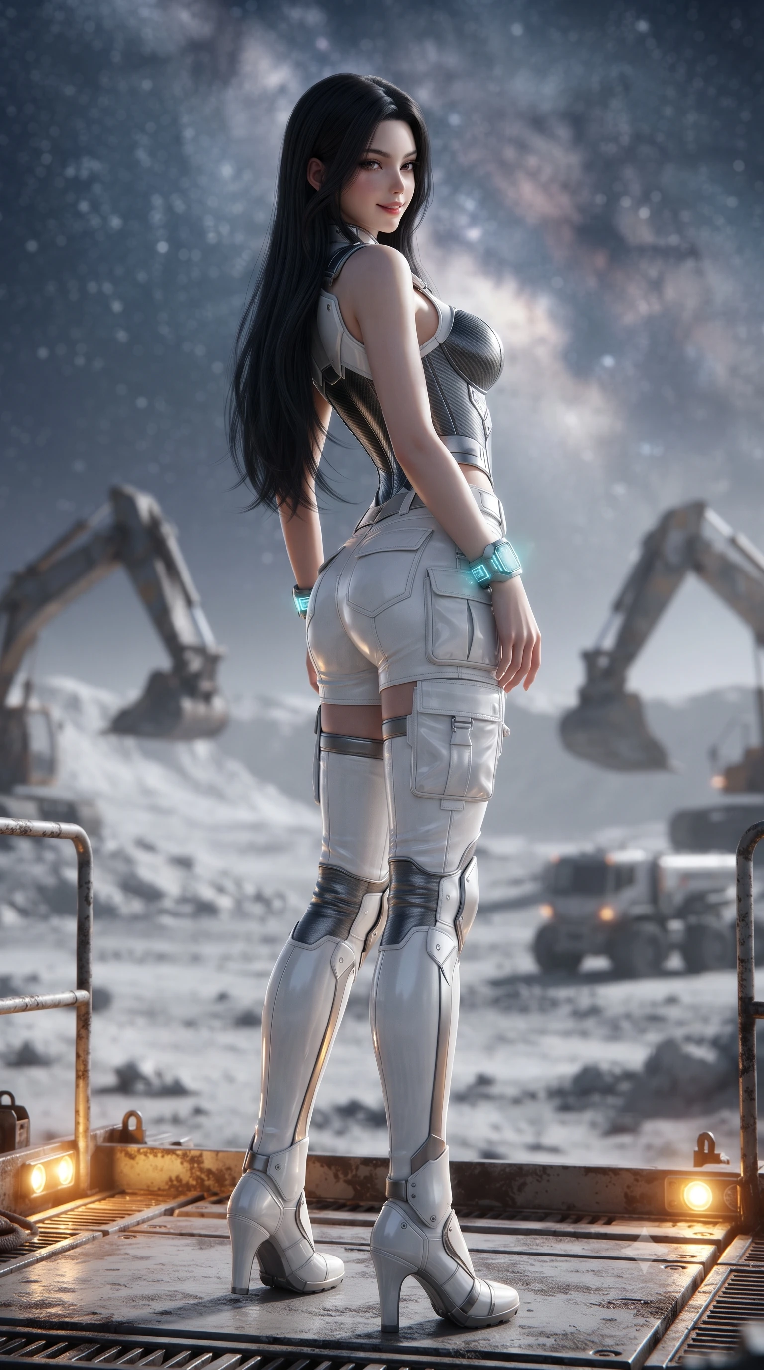 score_9, masterpiece, best quality, ultra-detailed, high-budget anime keyframe, editorial fashion photography, tasteful artistic composition, Korean woman. low angle full-body shot from head to toe showing her feet, filling the entire 9:16 vertical frame with her statuesque presence, stretching her vertical silhouette. walking slowly along the transparent glass skybridge, looking back over her shoulder with an air of effortless grace and an alluring, smoldering smile while standing on the open excavator gantry overlooking sulfur-crusted lunar plains under the Milky Way, arching her back with majestic poise. The background shows a soft-focus towering robotic excavator arms and automated transport rovers softened in off-world mining shallow focus. She has an absolutely perfect, statuesque 8.5-heads proportion, an exceptionally tall and slender model-like female figure with impossibly long slender legs, an ultra-slim waist, a flat toned midriff, narrow delicate ribcage, and beautifully sculpted feminine hips creating a graceful, slim hourglass silhouette without any bulky heaviness. sharp v-shaped jawline, high-bridge nose, intricate jewel-like sparkling eyes with depth, thick eyelashes, glossy parted lips with a natural sheen, bright confident smile with an enchanting and coquettish sensual glint, exuding both youthful magnetic charm and sovereign high-tech allure, flawlessly proportioned anatomical accuracy, strict slender model proportions, natural body alignment, perfectly sculpted long slender limbs, ultra-slim waistline, clean dynamic posture without body distortion. wearing a sculpted carbon-fiber bustier armor top paired with ultra-tight tactical cargo shorts and thigh-high armored boots in pure alabaster white and brushed silver accents, formed from supple thermal silicone composite adhering seamlessly like a second skin, featuring sleek glowing cyan HUD display wrist cuffs with floating data telemetry, the form-contouring cut accentuating her sculpted flat midriff, narrow delicate ribcage, and gracefully curvy hips with cybernetic supermodel precision. bathed in brilliant cold silver starlight from above and warm industrial sodium work-lights from below. ultra-reflective glossy finish, specular highlights, rich textural contrasts, high-contrast stereoscopic depth, volumetric dynamic lighting, 2k, ultra detail, master piece, 9:16 ratio