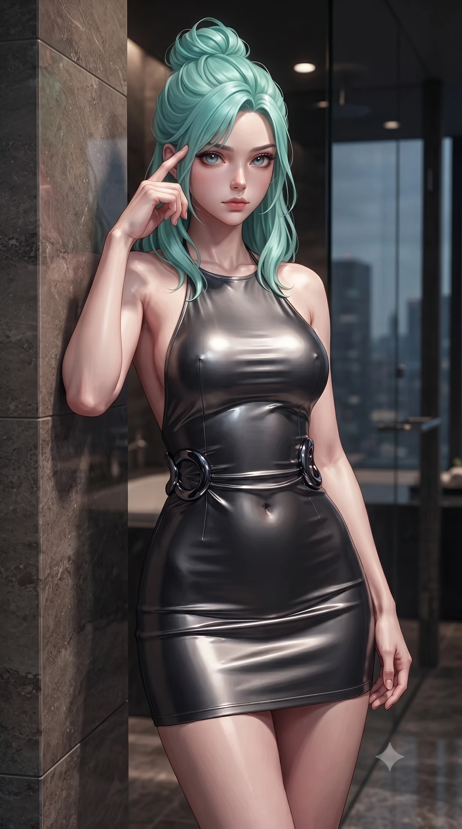 score_9, masterpiece, best quality, ultra-detailed, high-budget anime keyframe, editorial fashion photography, tasteful artistic composition, Japanese woman. close-up cowboy shot from the waist and thighs up, the character dominates the composition, filling the frame with her large presence, background elements kept in soft focus. Pressing two fingers to her temple in a composed, sharp thoughtful gesture, resting against a heated stone wall in a private high-floor spa sanctuary, sleek glass reflections swallowing surrounding background into soft dark focus. She has an exceptionally elegant, slender, and willowy female figure with an ultra-slim waist, a gracefully sculpted slender torso, and a refined silhouette. sharp v-shaped jawline, high-bridge nose, intricate jewel-like eyes with depth, thick eyelashes, glossy lips with a natural sheen. wearing backless liquid vinyl mini slip dress with bare shoulder halter neckline in dark charcoal gray, made of polished black leather, accented with sculpted obsidian chrome rings at the waist, following her slender form with tailored precision. surrounded by a moody, intimate glow with sharp specular skin highlights. ultra-reflective glossy finish, specular highlights, metallic sheen, high-contrast stereoscopic depth, volumetric dynamic lighting, 2k, ultra detail, master piece, 9:16 ratio