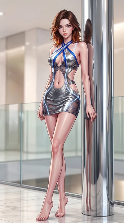 score_9, masterpiece, best quality, ultra-detailed, high-budget anime keyframe, semi-realistic 3D game render, editorial fashion photography, tasteful artistic composition, Korean woman. low angle full-body shot from head to toe showing her feet, fil