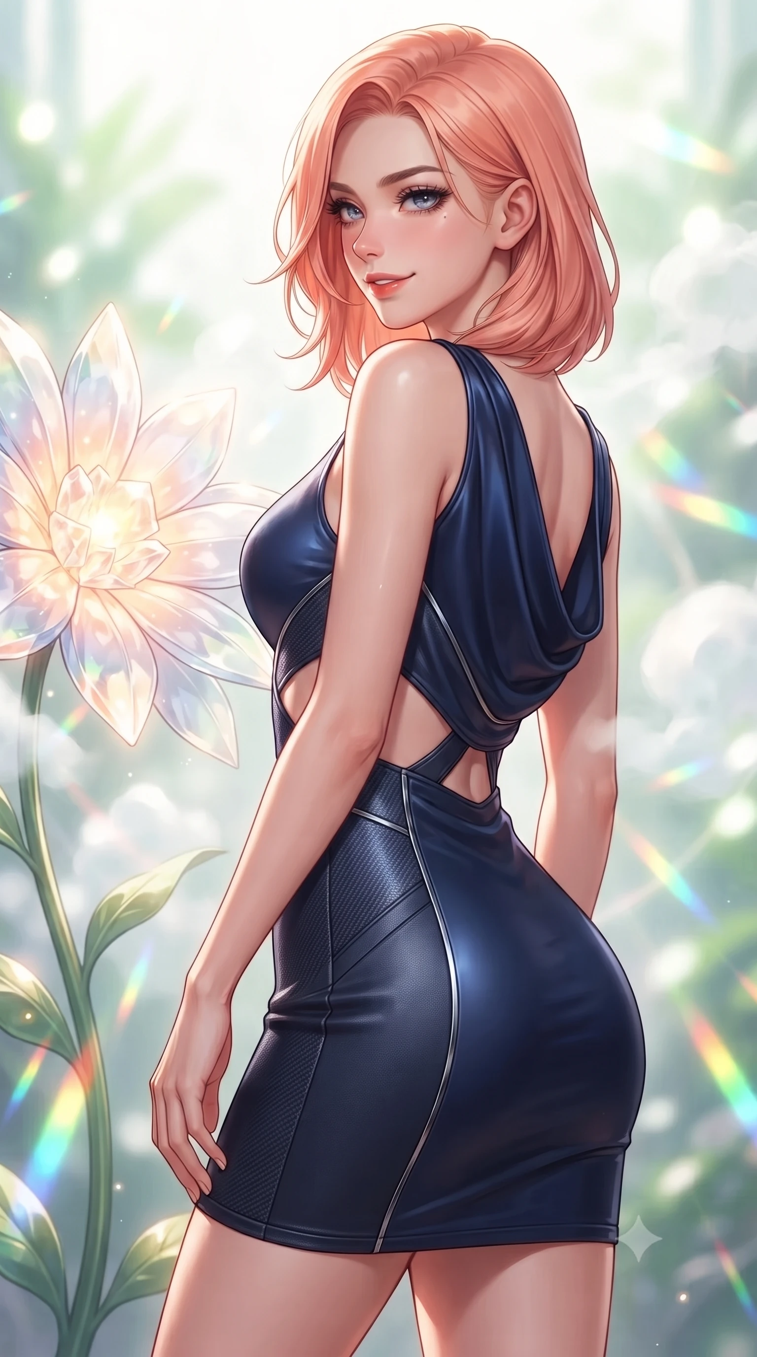 score_9, masterpiece, best quality, ultra-detailed, high-budget anime keyframe, editorial fashion photography, tasteful artistic composition, Japanese woman. close-up cowboy shot from the waist and thighs up, the character dominates the composition, filling the frame with her large presence, background elements kept in soft focus. Glancing sidelong over her shoulder with a smoldering half-smile and heavy lashes resting near a giant solar-powered crystal flower emitting soft warm light, steam clouds refracting sunlight into brilliant rainbow prisms. She has an exceptionally elegant, slender, and willowy female figure with an ultra-slim waist, a gracefully sculpted slender torso, and a refined silhouette. sharp v-shaped jawline, high-bridge nose, intricate jewel-like eyes with depth, thick eyelashes, glossy lips with a natural sheen. wearing a precision-fitted liquid jersey bodycon dress with a draped back in midnight navy blue and chrome trim, made of fine carbon-fiber weave and soft matte leather, featuring clean architectural cutouts along her slender torso, the tailored fabric tightly following every curve of her athletic build. surrounded by a bright, airy ambiance with radiant white and green highlights. highly saturated vibrant anime colors, detailed shading with soft gradients, rich glossy textures, high-contrast stereoscopic depth, volumetric dynamic lighting, master piece, 9:16 ratio