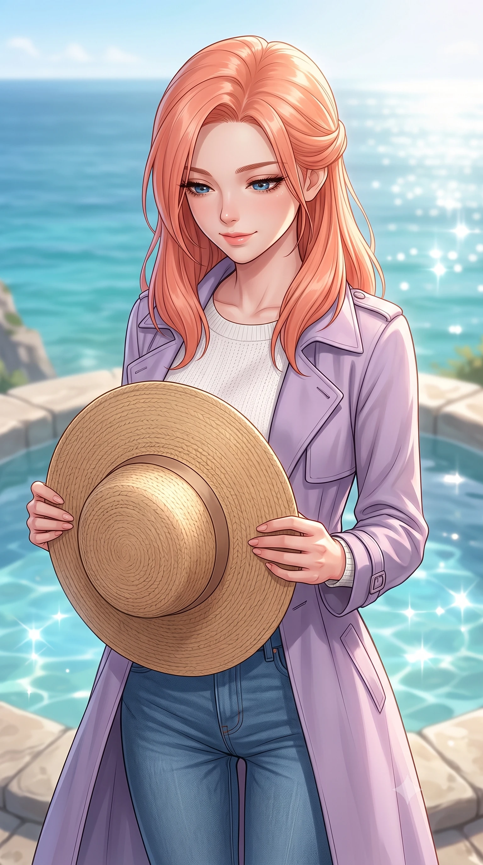 score_9, masterpiece, best quality, ultra-detailed, high-budget anime keyframe, editorial fashion photography, tasteful artistic composition, Japanese woman woman. close-up cowboy shot from the waist and thighs up, the character dominates the composition, filling the frame with her large presence, background elements kept in soft focus. holding a wide-brimmed straw hat with both hands against the breeze, looking down with a soft smile the background shows a soft-focus an outdoor stone spa pool on a high cliff overlooking a turquoise sea. She has an exceptionally elegant, slender, and willowy female figure with an ultra-slim waist, a gracefully sculpted slender torso, and a refined silhouette. sharp v-shaped jawline, high-bridge nose, intricate jewel-like eyes with depth, thick eyelashes, glossy lips with a natural sheen. wearing a body-hugging lightweight lavender trench coat over a white knit top and blue jeans. shimmering sunbeams creating sparkling reflections off the water surface. 2k, ultra detail, master piece, 9:16 ratio