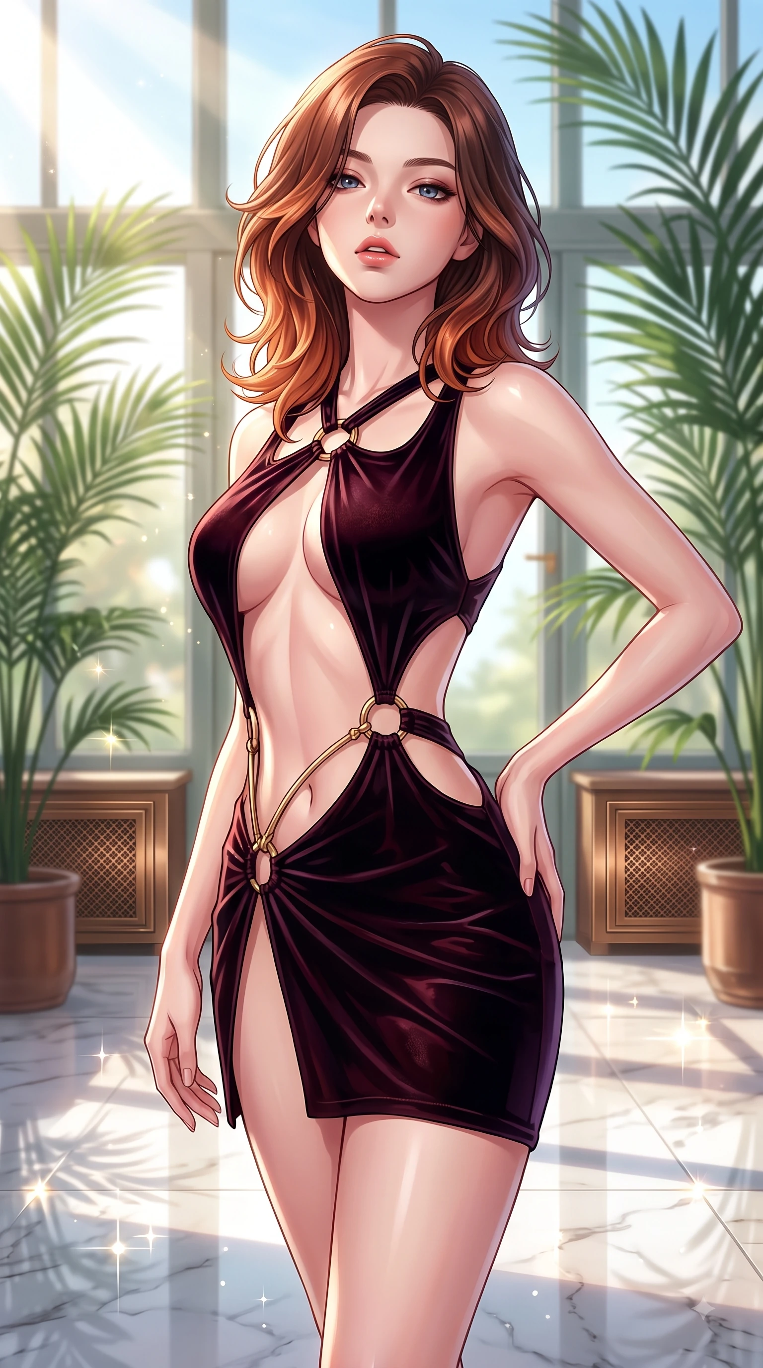 score_9, masterpiece, best quality, ultra-detailed, high-budget anime keyframe, editorial fashion photography, tasteful artistic composition, Korean woman woman. close-up cowboy shot from the waist and thighs up, the character dominates the composition, filling the frame with her large presence, background elements kept in soft focus. She has an exceptionally elegant, slender, and willowy female figure with an ultra-slim waist, a gracefully sculpted slender torso, and a refined silhouette. tilting her chin up slightly with lips parted in a composed and alluring expression, flawlessly proportioned anatomical accuracy, natural body alignment, perfectly sculpted elegant limbs, clean dynamic posture without body distortion. set against a soft-focus background of a luxury sunroom filled with potted palms and bronze vents. wearing a slitted cutout bodycon mini dress in dark velvet with gold ring hardware framing her waist. bathed in bright morning sunbeams creating sparkling glints on polished floors. highly saturated vibrant anime colors, detailed shading with soft gradients, rich glossy textures, high-contrast stereoscopic depth, volumetric dynamic lighting, master piece, 9:16 ratio