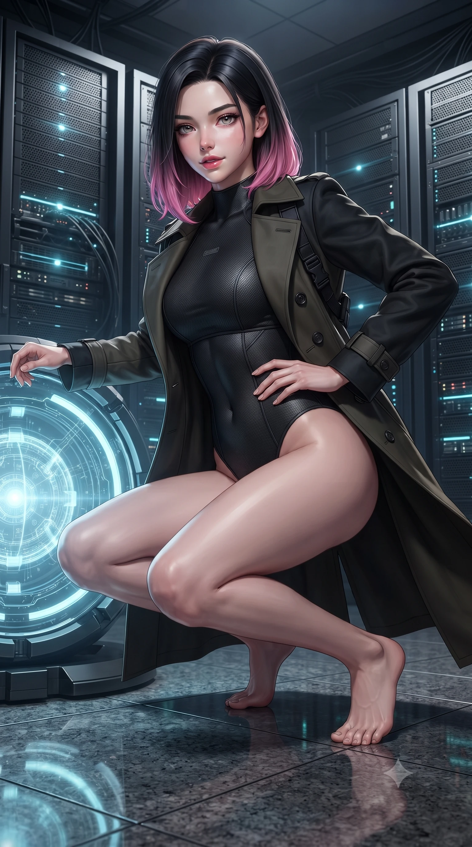 score_9, masterpiece, best quality, ultra-detailed, high-budget anime keyframe, editorial fashion photography, tasteful artistic composition, Korean woman. close-up cowboy shot from the waist and thighs up, the character dominates the composition, filling the frame with her large presence. smiling with subtle, enchanting allure and glossy parted lips, one hand resting on her waist with effortless supermodel poise while sliding into a low tactical crouch beside a glowing data core, eyes scanning the perimeter with lethal intelligence. The surrounding environment is rendered in vivid detail and crisp panoramic clarity. sharp laser beam focus points, brushed dark titanium server rack grilles, and granite floor reflections in deep focus. She has an exceptionally elegant, slender, and willowy female figure with an ultra-slim waist, a gracefully sculpted slender torso, toned flat midriff, and a refined slim silhouette. sharp v-shaped jawline, high-bridge nose, intricate jewel-like eyes with depth, thick eyelashes, glossy lips with a natural sheen, captivating and magnetic expression, flawlessly proportioned anatomical accuracy, strict slender model proportions, natural body alignment, perfectly sculpted long slender limbs, ultra-slim waistline, clean dynamic posture without body distortion. wearing a matte-black aerodynamic stealth leotard worn under an open tailored double-breasted spy trench in dark olive drab and tactical matte black, made of reinforced ripstop micro-mesh with thermal insulation lining, accented with criss-cross back tactical harness straps framing her bare spine, the breezy yet form-flattering drape swaying gracefully with her steps, accentuating her long willowy limbs and slim waistline. illuminated by crisp directional rim lighting sharply carving her ultra-slim waist and sculpted silhouette. ultra-reflective glossy finish, specular highlights, rich textural contrasts, high-contrast stereoscopic depth, volumetric dynamic lighting, 2k, ultra detail, master piece, 9:16 ratio