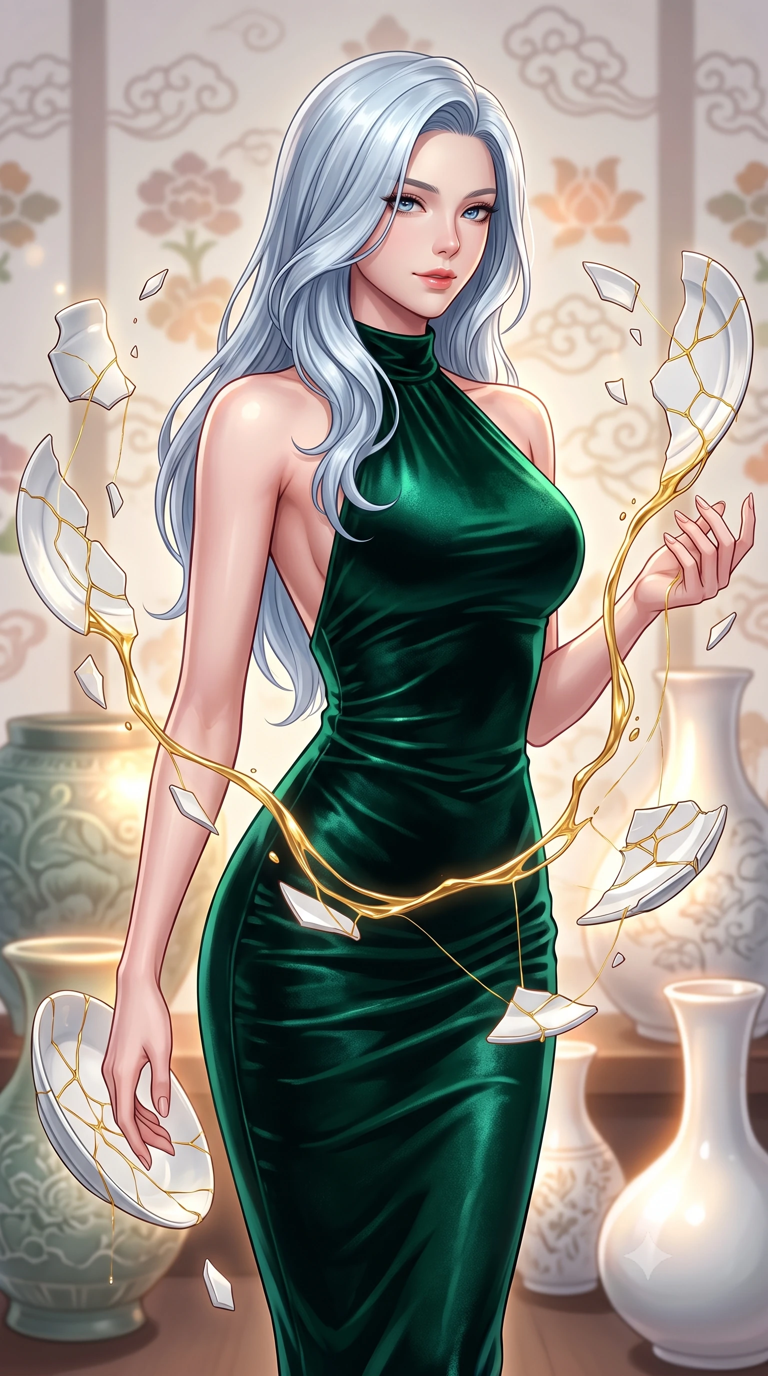 score_9, masterpiece, best quality, ultra-detailed, high-budget anime keyframe, editorial fashion photography, tasteful artistic composition, Korean woman. close-up cowboy shot from the waist and thighs up, the character dominates the composition, filling the frame with her large presence, background elements kept in soft focus. Gazing past the camera with an air of effortless elegance and mysterious confidence guiding a stream of liquid gold connecting broken white porcelain plates, delicate golden threads binding shattered pottery pieces together. She has an exceptionally elegant, slender, and willowy female figure with an ultra-slim waist, a gracefully sculpted slender torso, and a refined silhouette. sharp v-shaped jawline, high-bridge nose, intricate jewel-like eyes with depth, thick eyelashes, glossy lips with a natural sheen. wearing a velvet halter-neck midi dress in deep emerald, following her form like a glove, the tailored fabric tightly following every curve of her athletic build. surrounded by a majestic inner radiance highlighting glossy white porcelain. highly saturated vibrant anime colors, detailed shading with soft gradients, rich glossy textures, high-contrast stereoscopic depth, volumetric dynamic lighting, master piece, 9:16 ratio