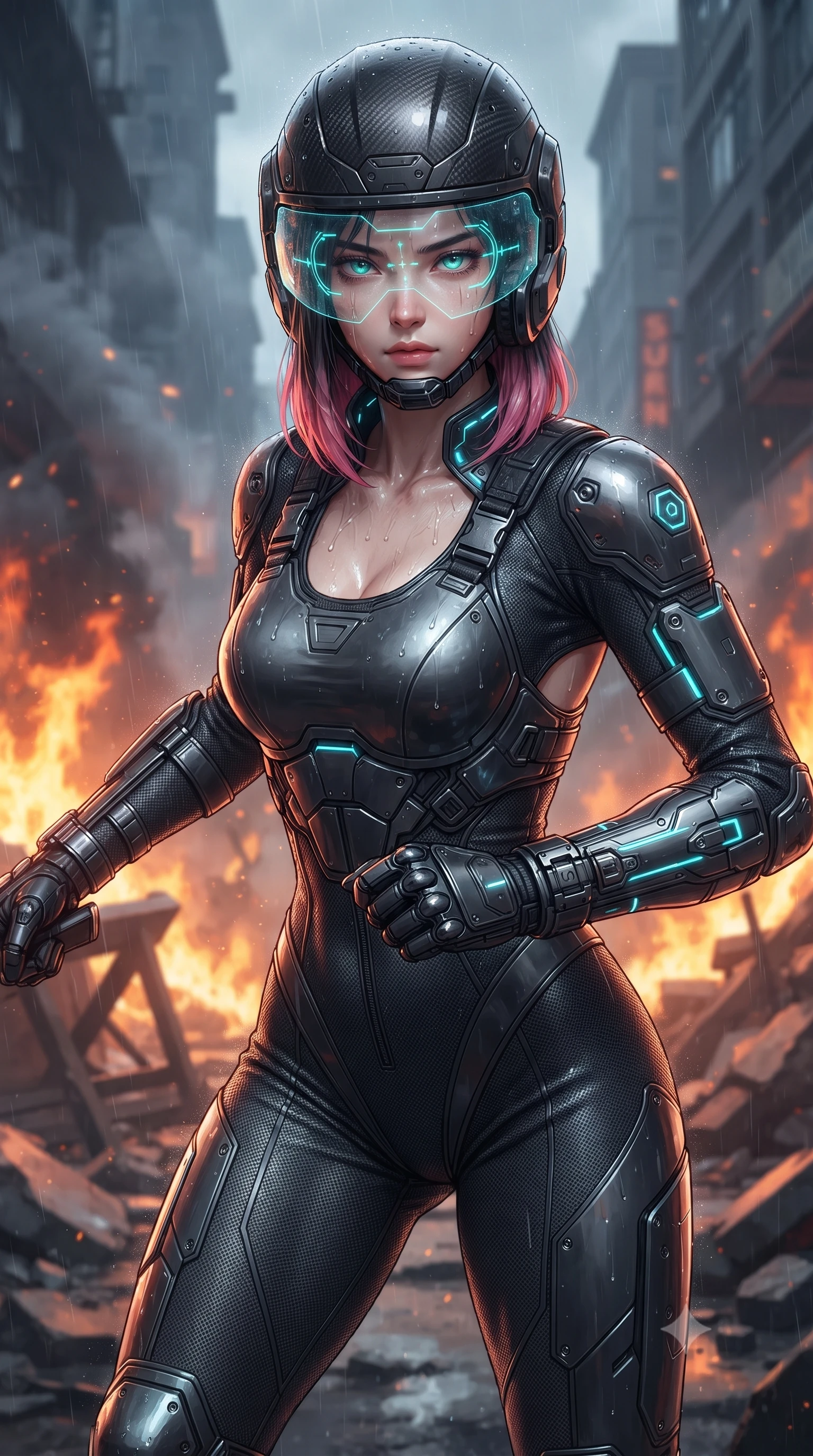 score_9, masterpiece, best quality, ultra-detailed, high-budget anime keyframe, editorial fashion photography, tasteful artistic composition, Korean woman. close-up cowboy shot from the waist and thighs up, the character dominates the composition, filling the frame with her large presence. tilting her head slightly with solemn warrior composure, sweat and rain glistening on her sculpted collarbones and high-bridge nose while charging forward through a burning street barricade as holographic tactical goggles cast glowing cyan reticles across her brow. The surrounding environment is rendered in vivid detail and crisp panoramic clarity. intricate forearm vambrace buckles, sweat beads on collarbones, and glowing laser lines in high clarity. She has an exceptionally elegant, slender, and willowy female figure with an ultra-slim waist, a gracefully sculpted slender torso, toned flat midriff, and a refined slim silhouette. sharp v-shaped jawline, high-bridge nose, intricate jewel-like eyes with depth, thick eyelashes, glossy lips with a natural sheen, fierce and resolute heroine expression, flawlessly proportioned anatomical accuracy, strict slender model proportions, natural body alignment, perfectly sculpted long slender limbs, ultra-slim waistline, clean dynamic posture without body distortion. wearing an open-face aerodynamic carbon-fiber combat helmet with a retracted transparent holographic HUD visor framing her sharp jawline and jewel-like eyes, paired with a tailored tactical combat jumpsuit with an open-back harness design, reinforced composite breastplate, and high-mobility elbow dampers in matte battle-worn obsidian carbon with electric cyan hazard conduits, tailored from flexible second-skin ballistic carbon-mesh adhering flawlessly to her athletic build, featuring a sleek aerodynamic collar framed by subtle glowing cybernetic status LEDs, the sleek second-skin cut tightly hugging her graceful clavicle, narrow waist, and feminine curves with athletic precision. illuminated by crisp white key lighting with sharp specular highlights tracing her slender athletic build. ultra-reflective glossy finish, specular highlights, dark metallic sheen, high-contrast stereoscopic depth, volumetric dynamic lighting, 2k, ultra detail, master piece, 9:16 ratio